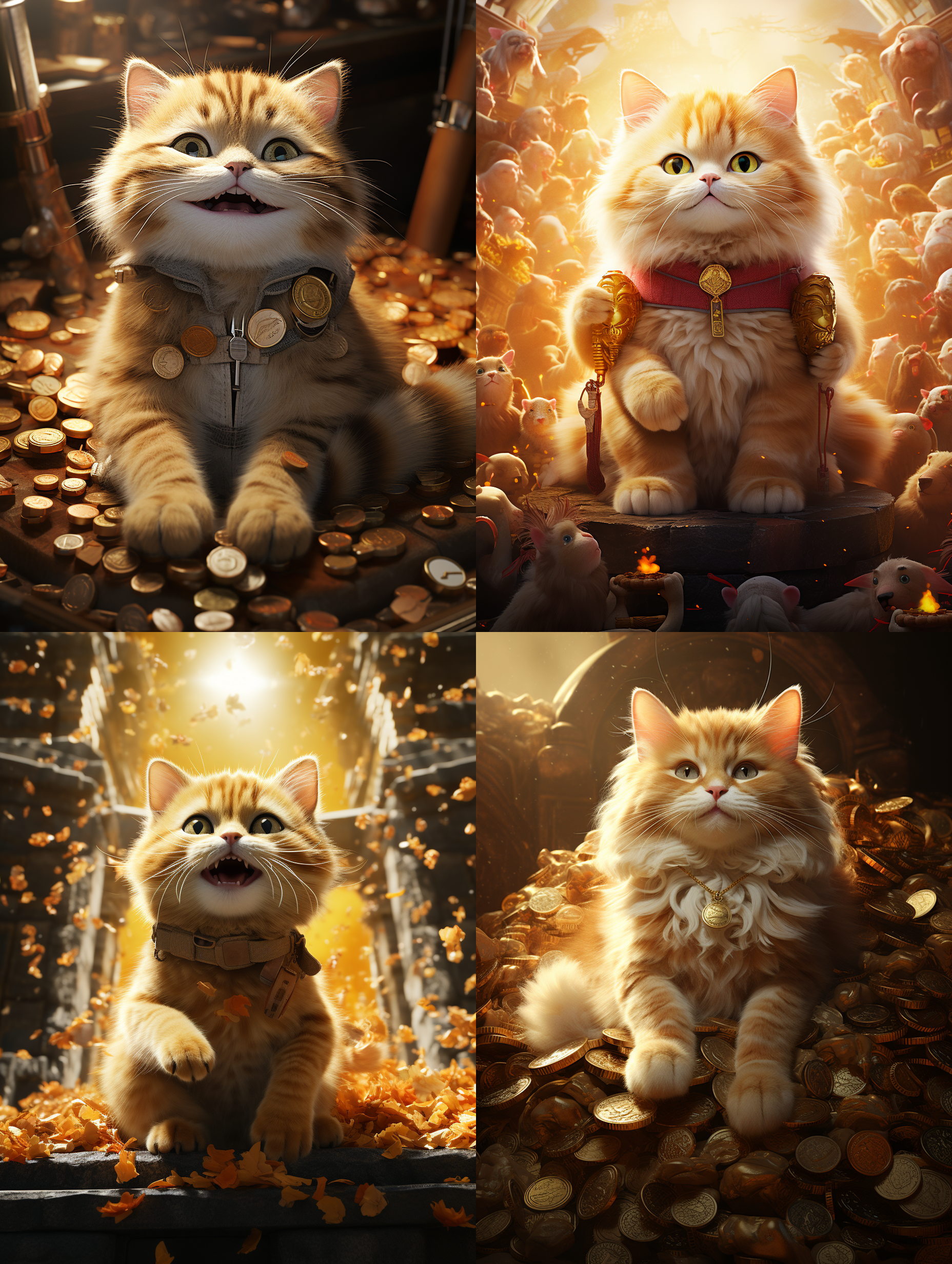 治愈系招财猫，3d立体背景，金币漫天，可爱表情，酷衣着，站立姿态，广角镜头，2.0光圈，高质量细节，印象主义风格，温暖色调，喜悦，愉悦，幸福。 照片写实 家庭办公室 全身 柠檬黄 毛茸茸 明亮的 安德森