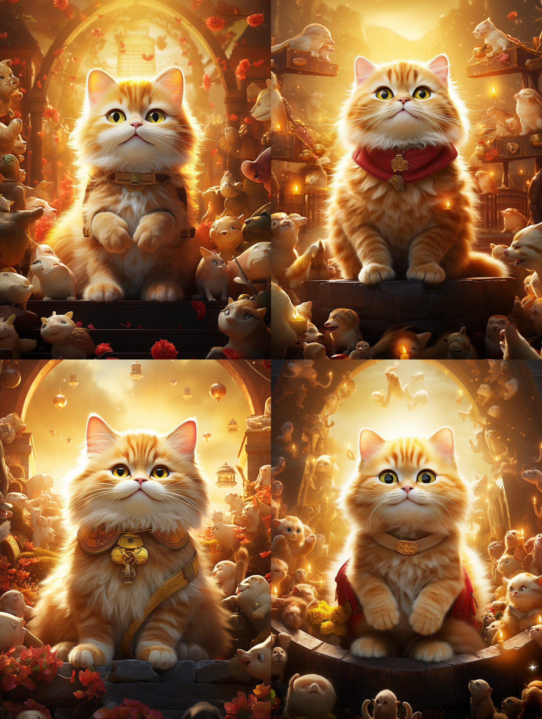 治愈系招财猫，3d立体背景，金币漫天，可爱表情，酷衣着，站立姿态，广角镜头，2.0光圈，高质量细节，印象主义风格，温暖色调，喜悦，愉悦，幸福。 照片写实 家庭办公室 全身 柠檬黄 毛茸茸 明亮的 安德森