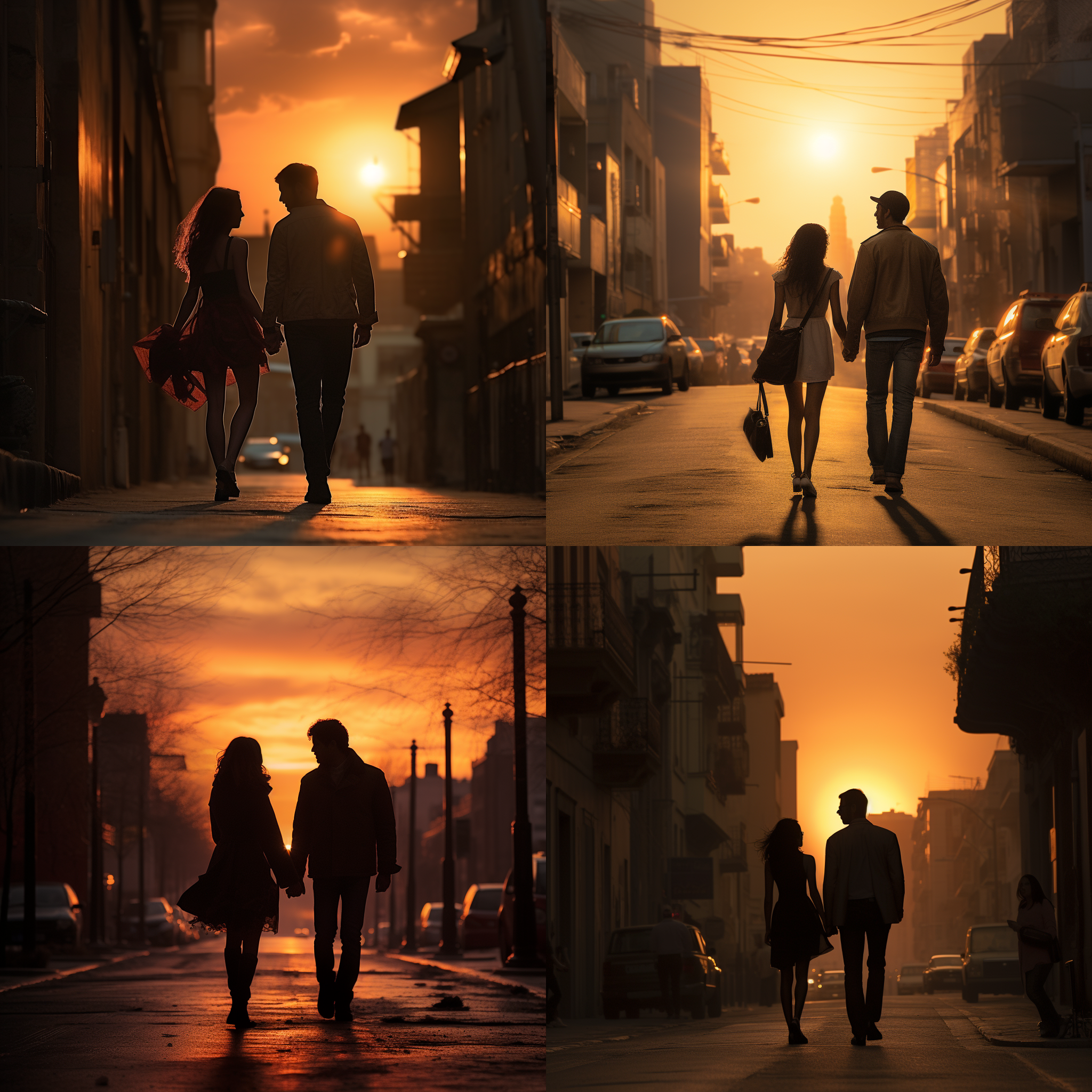 落日街头，男女并肩，走向前方。侧光，城市街道，长焦镜头，暖色调，剪影效果，浪漫，希望，黄昏。
