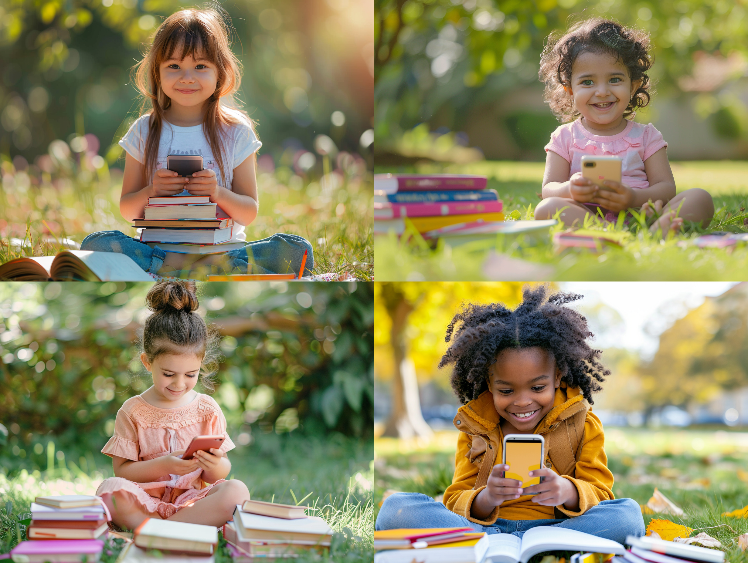 孩子手持手机，坐在阳光明媚的草地上，微笑着与朋友视频通话，周围散落着书籍和文具。构图对称美观，色彩明亮鲜艳，使用长焦镜头，背景虚化，光线柔和，表情自然，活泼开心。手机屏幕清晰可见学习资源界面，激发好奇心。温馨，轻松，学习与交流并重。手机，阳光，朋友，学习，快乐。