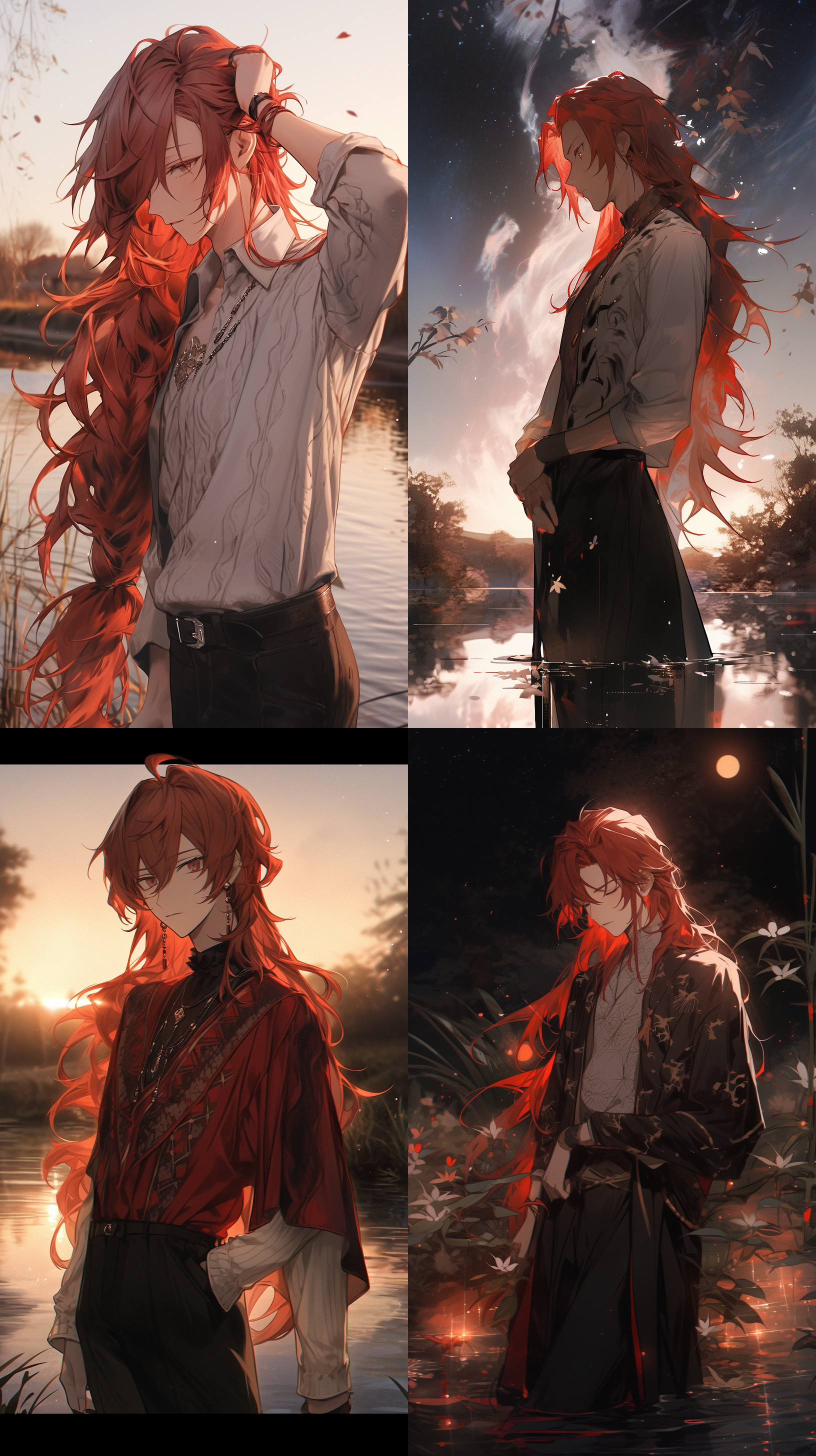 18岁，红色长发男孩，红色色眼睛，帅气的穿着，安静，休闲装，黎明，草地，吹树叶，湖边，倒影，马尾，额头，流星，长相帅气，悲伤 ，