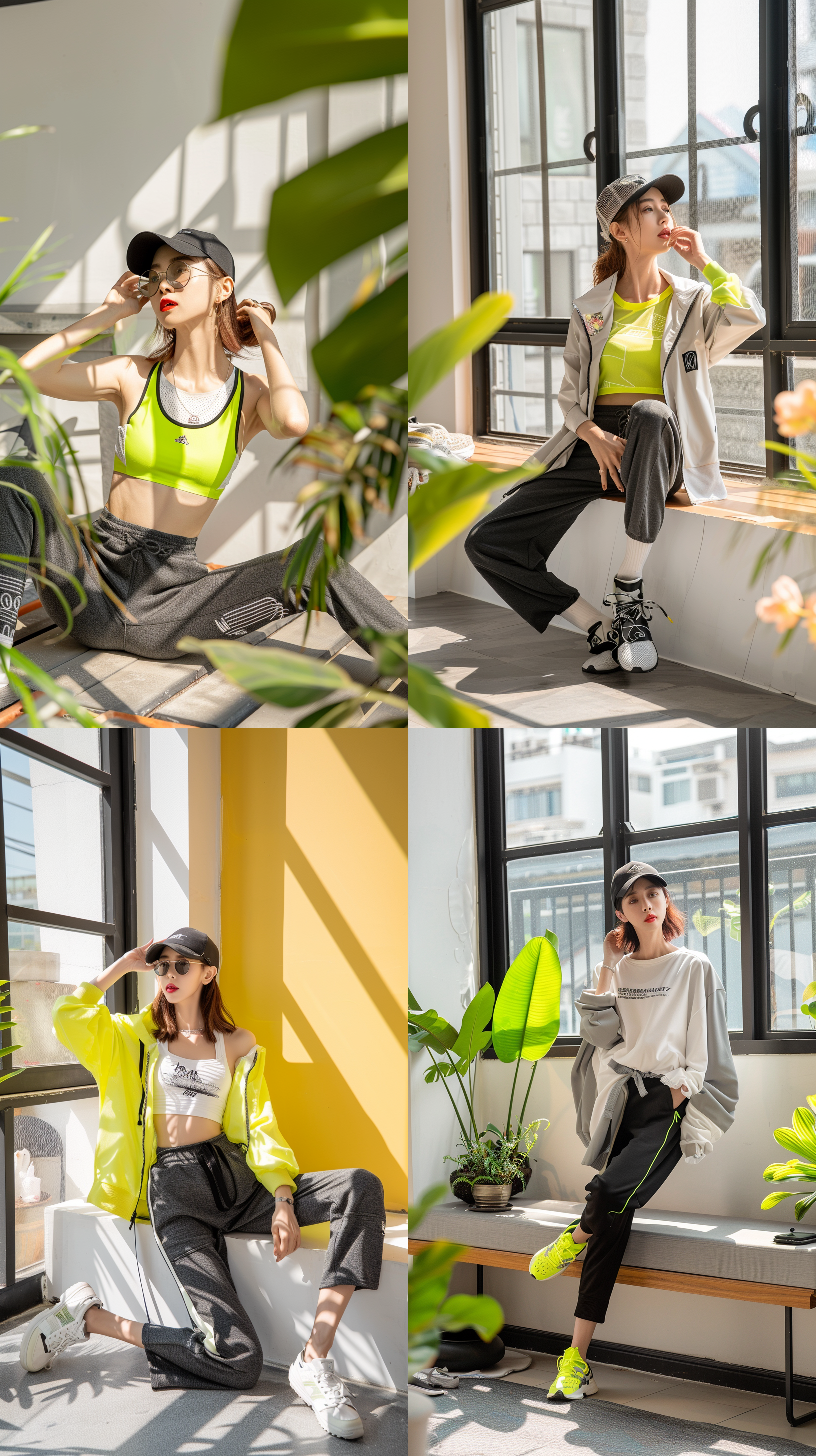 20岁少女在室内，纯色背景，阳光充足的高清摄影中展现出活泼的氛围，全身照，穿着瑜伽裤，镜头使用标准镜头，适中的焦距呈现出真实的肖像