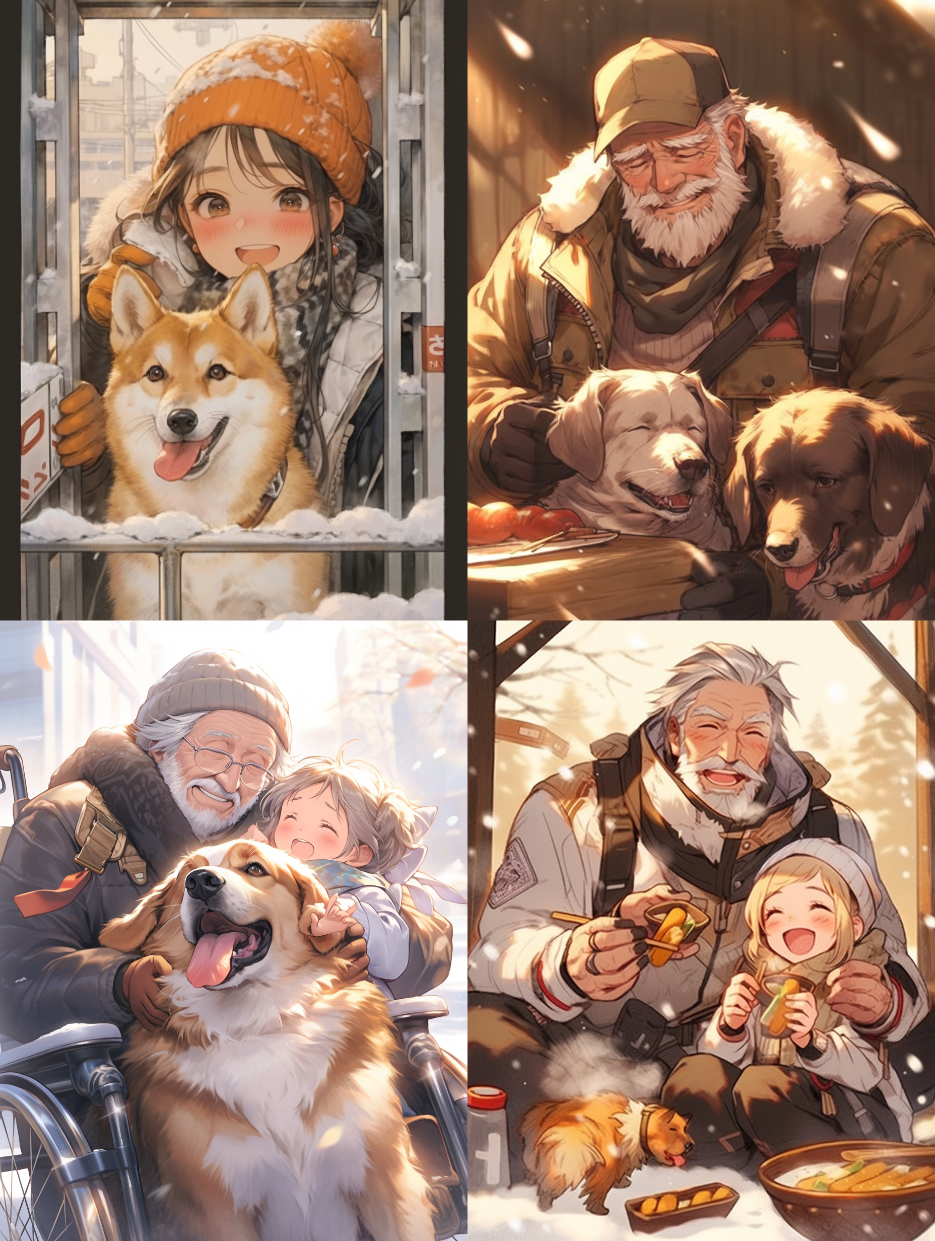 窗外大雪纷飞，室内温暖，老人和一只泰迪小狗，柔和温暖的，高质量的，精致细节，构图丰富，简笔画风格, 冬季, 慵懒, 高清晰度, 柔和光线, 静态, 冷色调, 和谐。