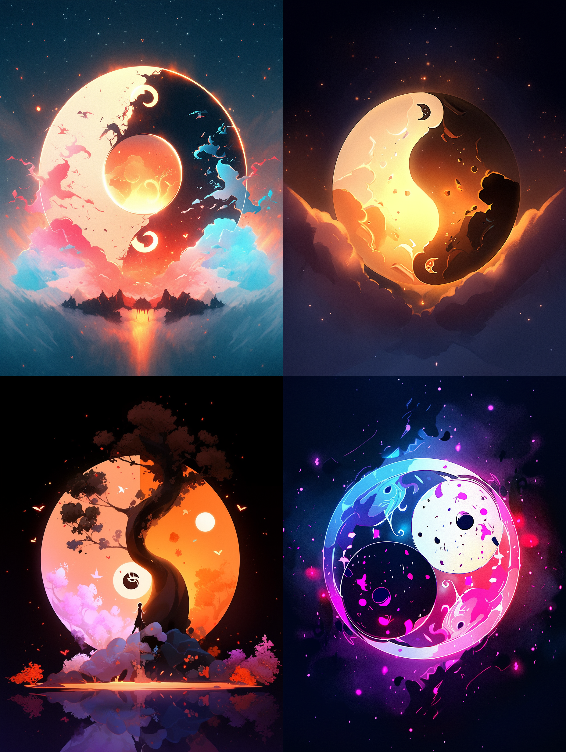 太极阴阳，对称构图，宇宙背景，冷暖色调，宽广镜头，柔和光线，静态，神秘，平衡，哲学。 山海经 道 动画艺术 数码绘画 卡通 阴阳