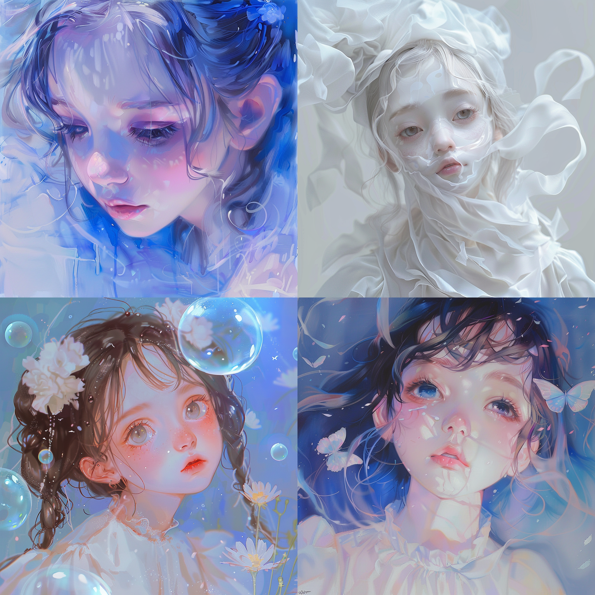 女孩与白翅猫对视，森林中，柔和光线，暖色调，中焦镜头，自然动作，柔和表情，静谧，神秘。