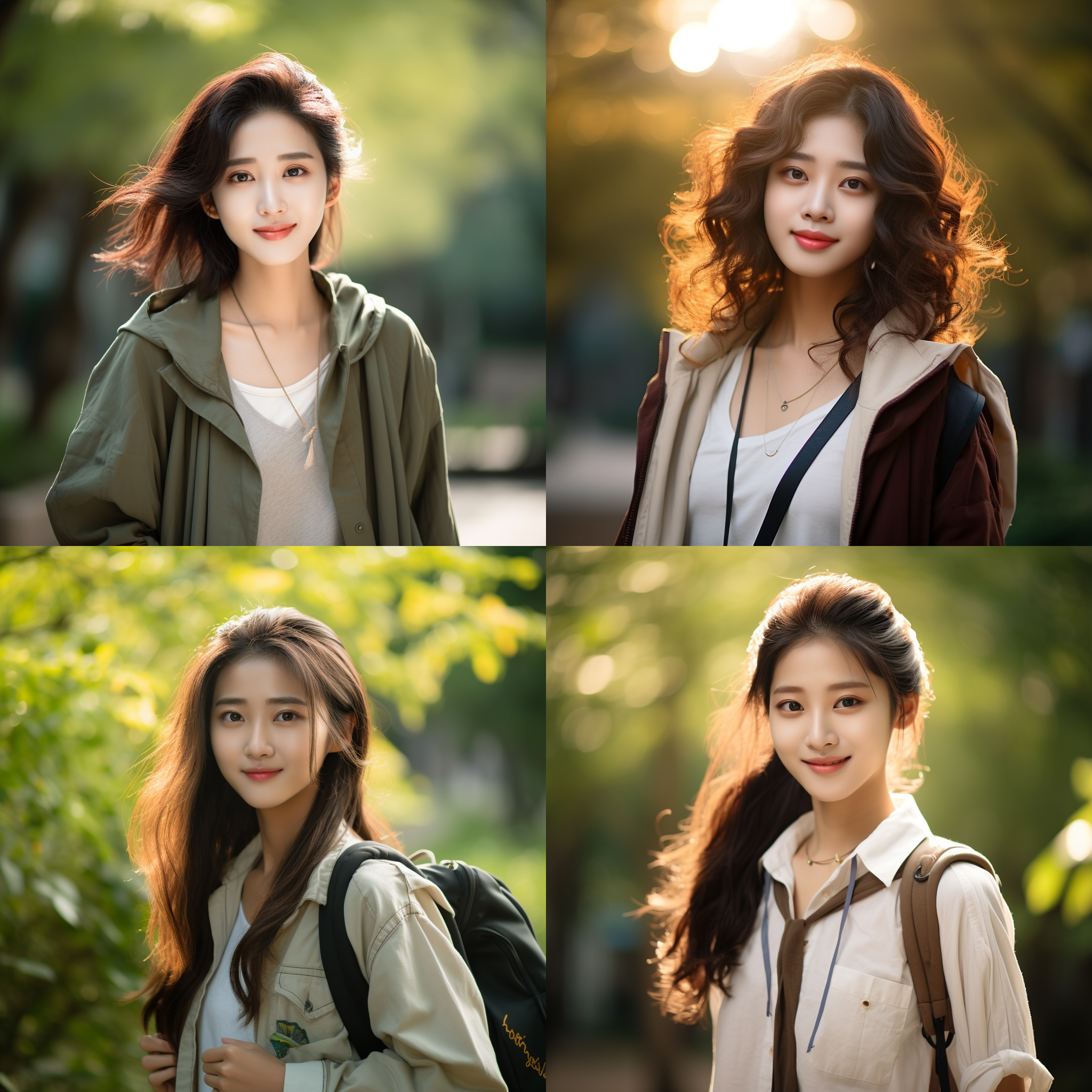 清纯美女，校园风景，林志玲风格，长焦镜头，柔和侧光，自然表情，清新色调，微笑，自信。