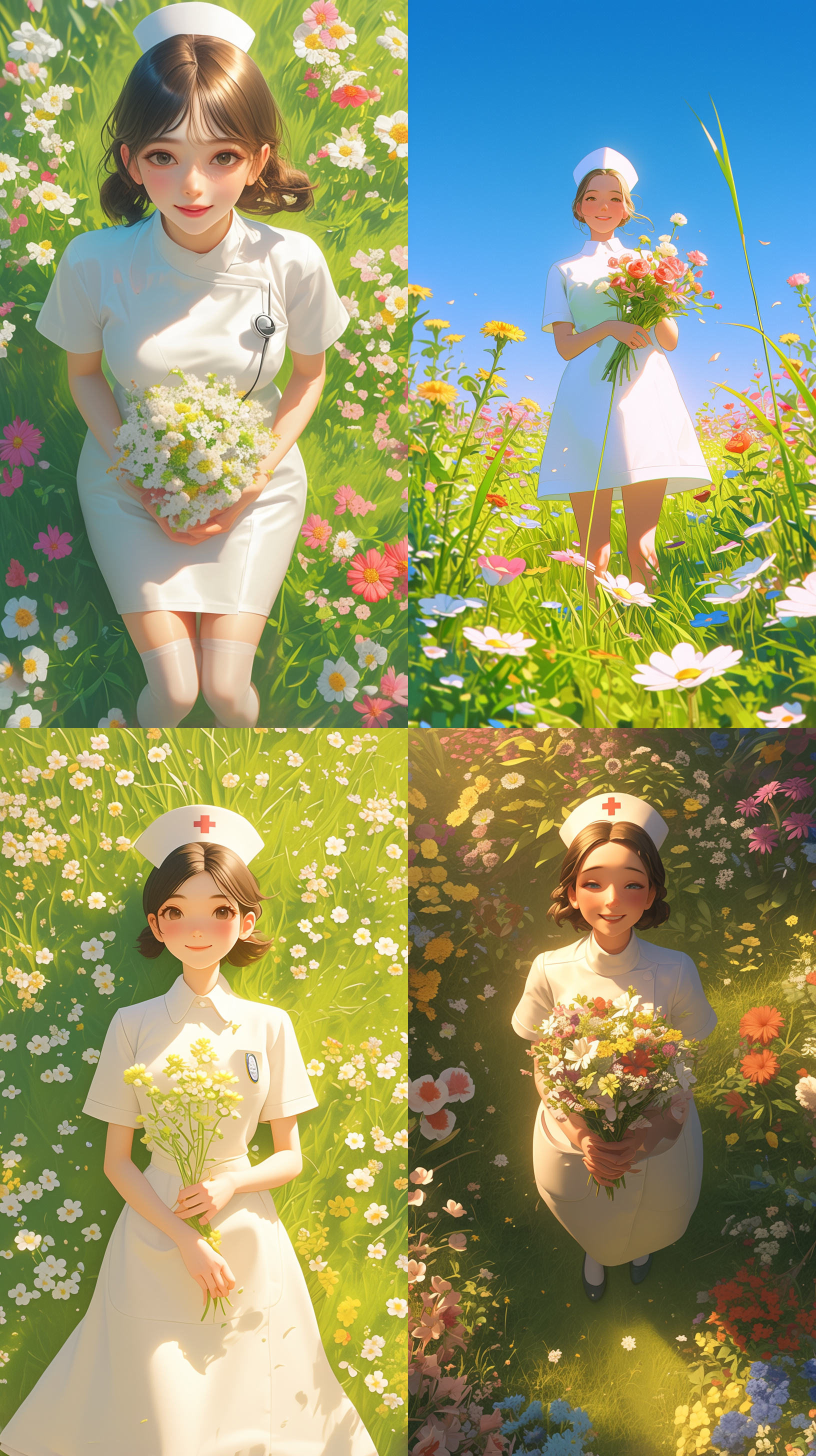 399/10000 实时翻译 399/10000 real time translation translation 38 international women's labor day poster, a female nurse wearing white clothes holding a bouquet of flowers, standing on the grass, above her knees, with lush green grass surrounded by flowers, 3d cartoon cute design, unparalleled beauty, clear visual layers, c4d rendering, pixar style, clean green background, mixer, dreamy visual effects, soft exaggeration, wedcam, bright colors, coastal scenery, capturing moments 划译 38国际妇女劳动节海报，一位身穿白色衣服的女护士手持一束鲜花，站在草地上，膝盖以上，绿草如茵，鲜花环绕，3d卡通可爱设计，无与伦比的美丽，层次分明的视觉，c4d渲染，皮克斯风格，干净的绿色背景，搅拌机，梦幻般的视觉效果，柔软的浮夸，wedcam，明亮的颜色，海岸风景，捕捉瞬间