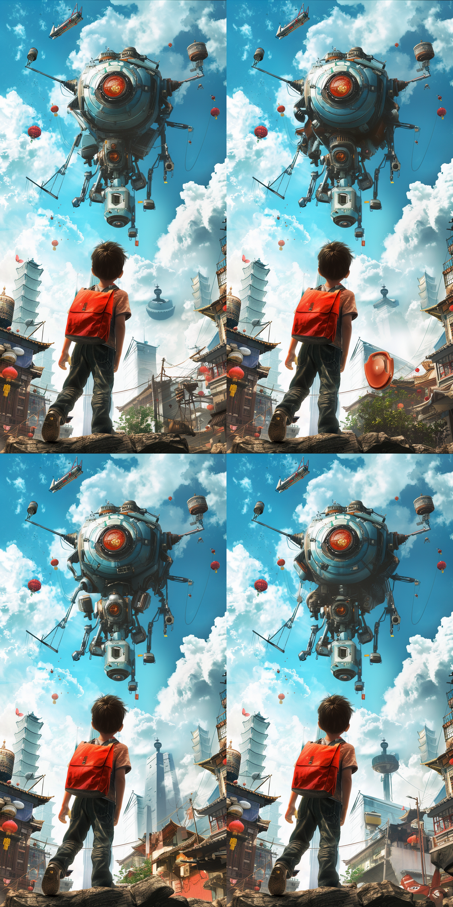 电影胶片机样式巨大脚手架楼体，楼体悬挂5 1红色大字，蓝色天空，红灯，胶片，胶带，灯光，导演，制片，录音，10岁小朋友仰望楼梯，近景，构图对称，明亮色调，广角镜头，夸张透视，忙碌，兴奋。 超现实主义 蒸汽波 电影风格