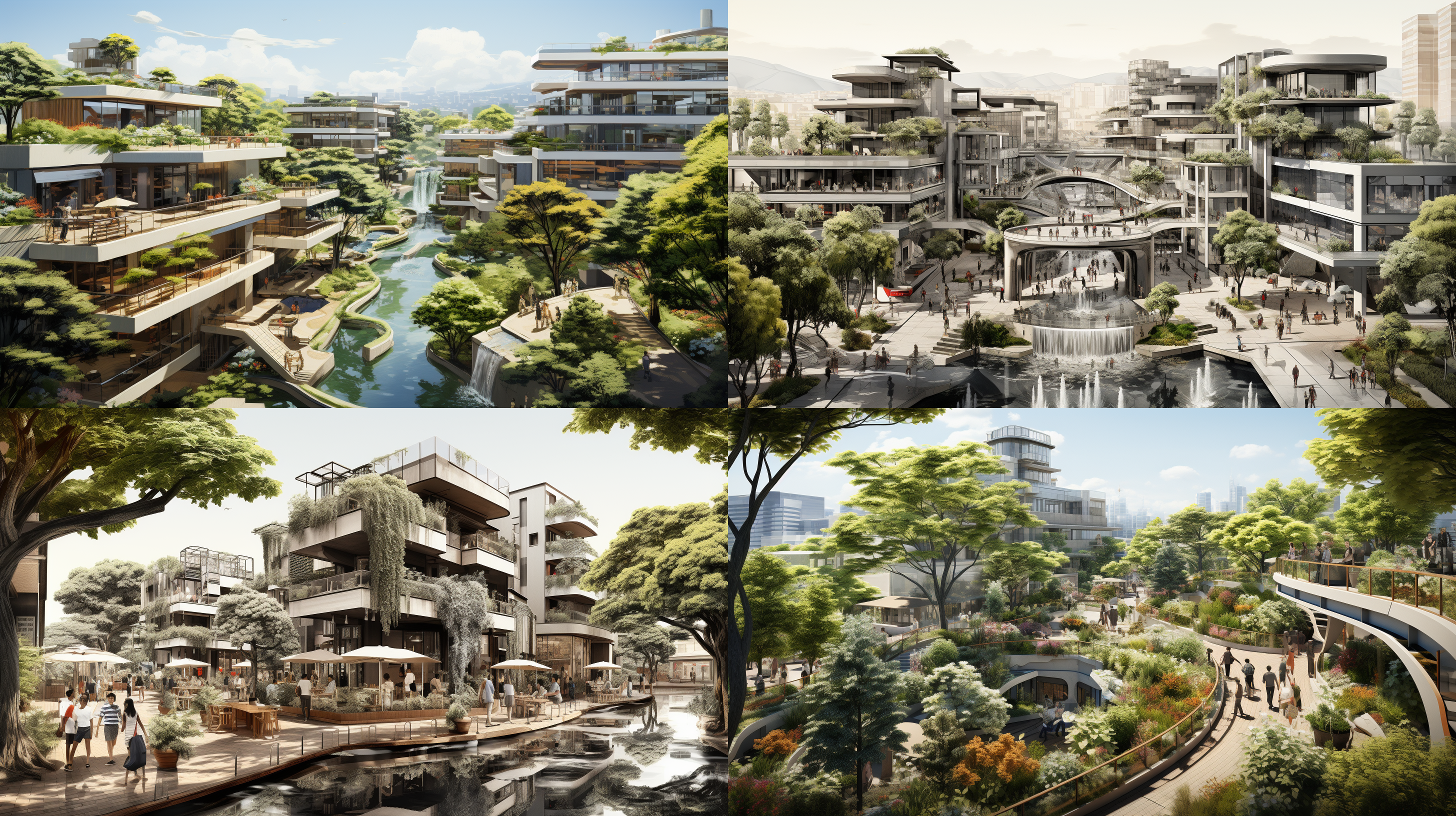 bird view,black and white line drawing, architectural plan of the city center commercial complex garden landscape park design, with tall buildings in perspective at one end. the middle is surrounded by lush greenery, creating an oasislike atmosphere amidst urban chaos. there's also a small pool in front of it, surrounded by dense vegetation. in sketch style, the illustration features a wideangle view with multiple angles, creating a realistic effect. it was created using vector graphics software such as illustrator.