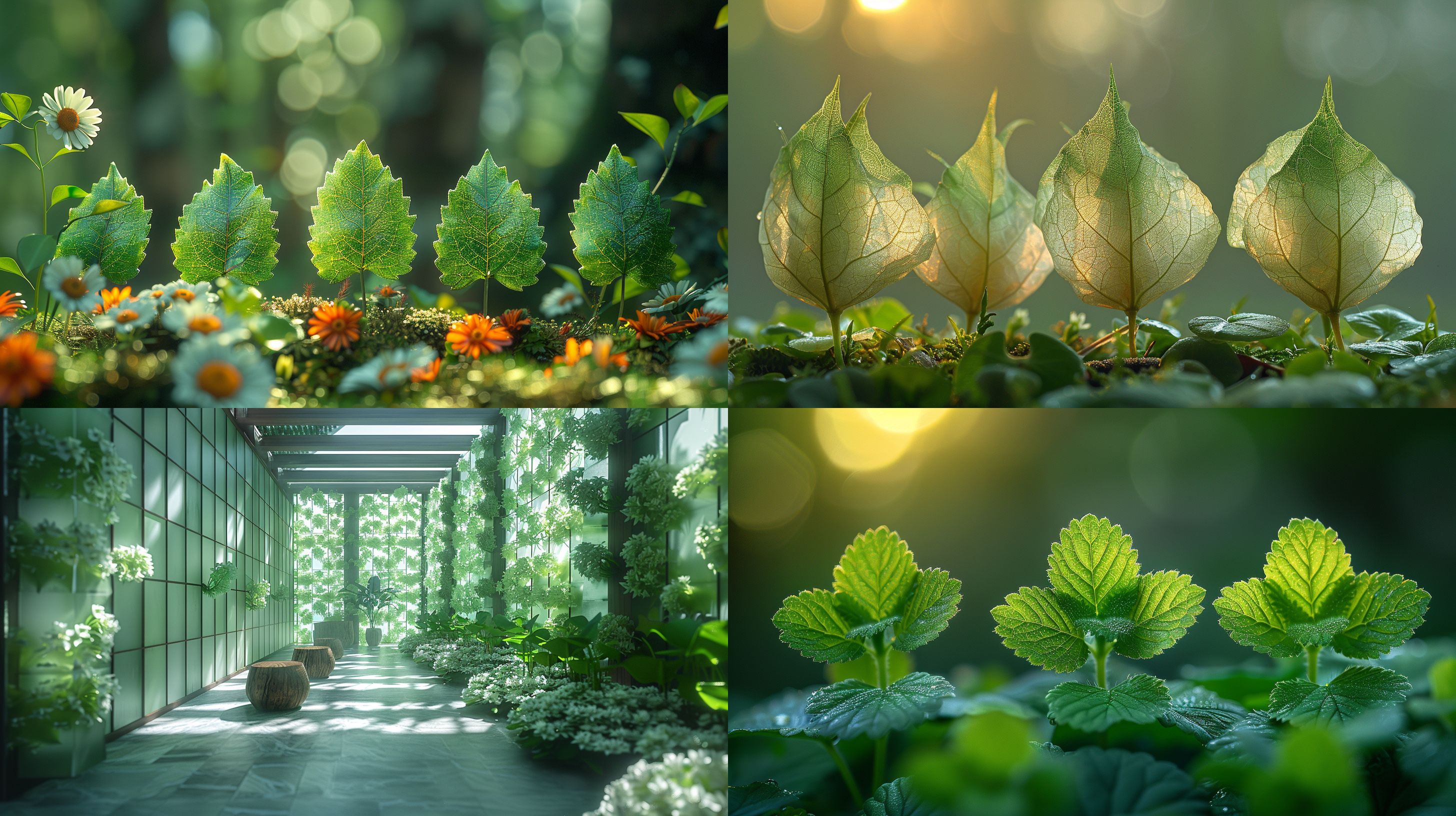 五片立体的叶子，通过花梗环绕成凉亭，绕行直线。绿色主调，自然环境，逆光，细节清晰，微距镜头，静态。