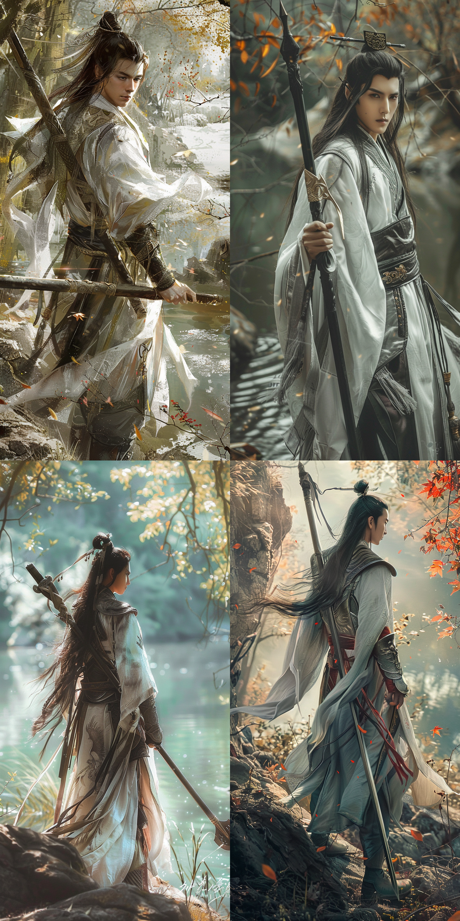 中国风男侠客，扎马尾，黑色长发，手持长枪，身背巨剑，腰间有飞刀，林间湖泊，摄影, 大光圈，远景，动作冲锋，护卫，古风服饰，静谧，英姿飒爽，暖色调。