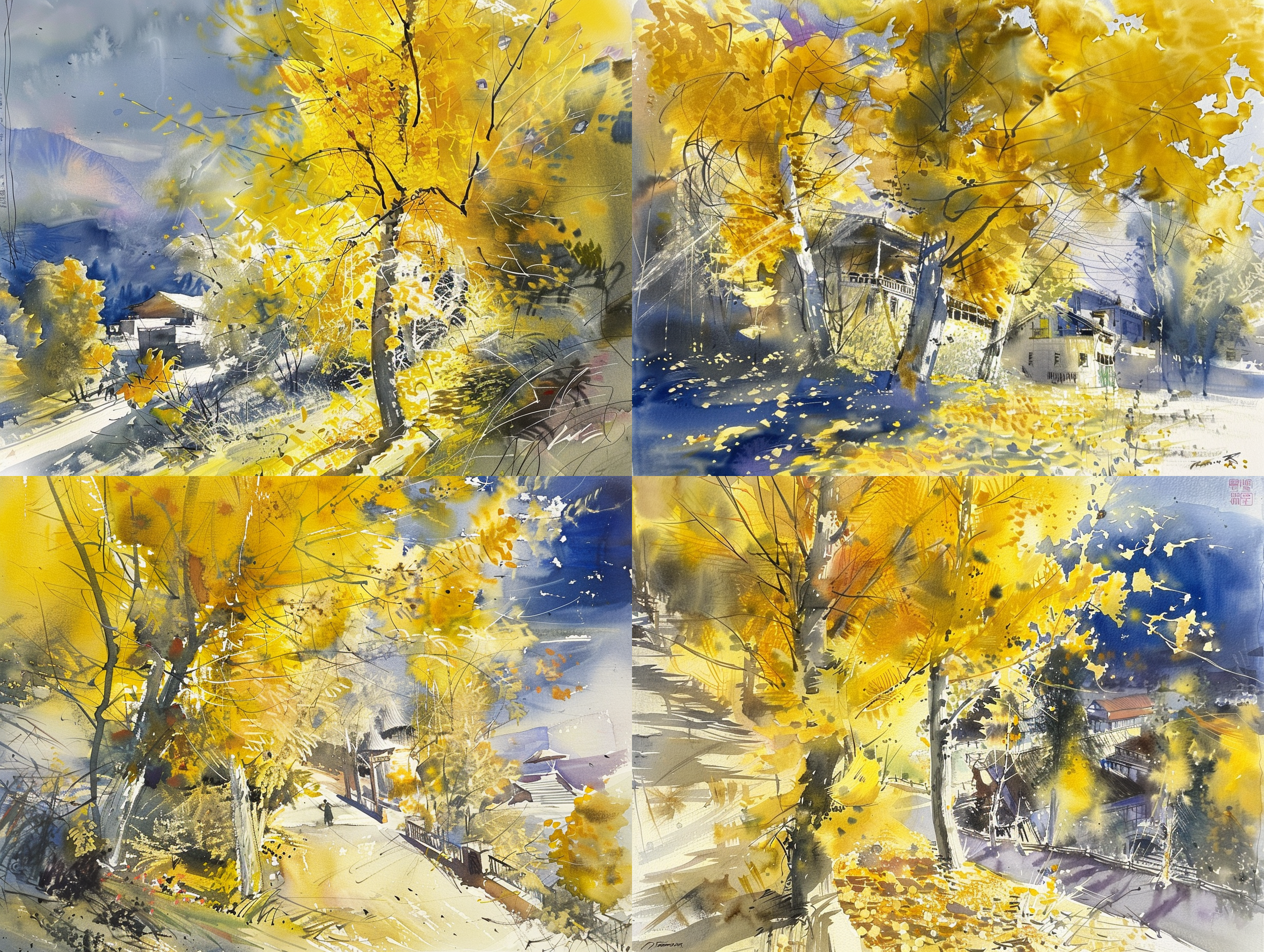 水彩风景画，大写意范增风格，古建筑，秋天色调，湿画法，人物描绘，自然风光，温暖色调，随性笔触，细节丰富。