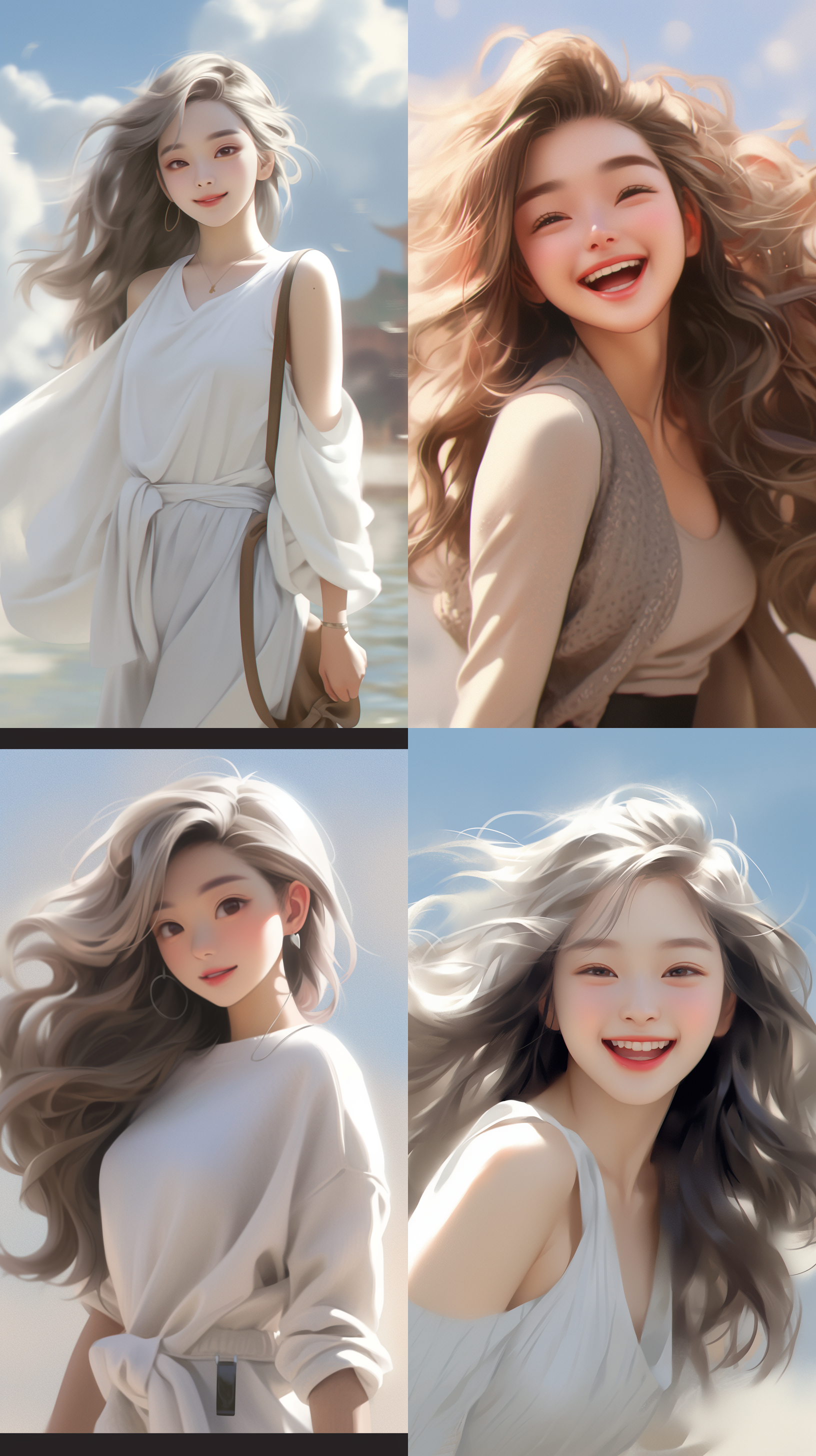 亚洲美丽女孩，飘逸的长发，微卷头发，白色t恤，微笑，迪斯尼风格，3d渲染，黏土材质。