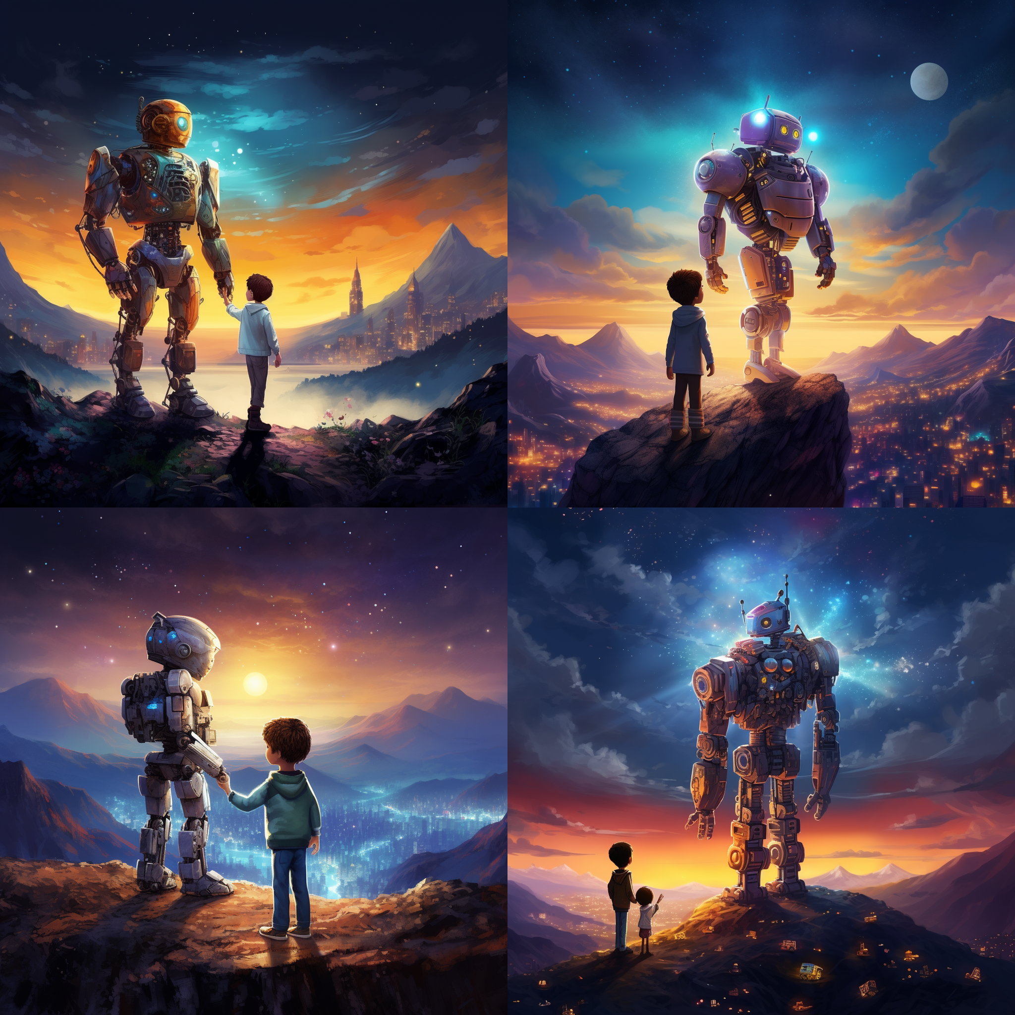 男孩与机器人，手指相对，在皎洁月光下相望，在色彩斑斓山上，周围是无尽星空，环境温暖，微笑，相互凝视，情感丰富，温馨、神秘、希望。