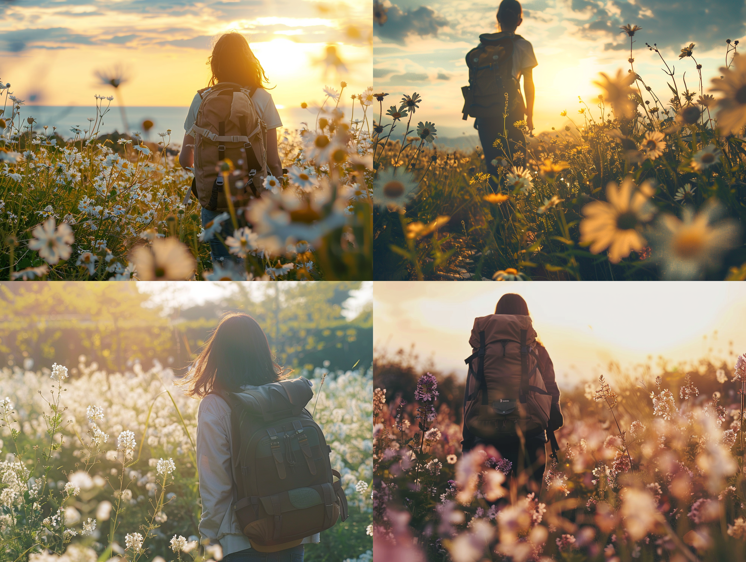 背着包，走在开满鲜花的野外，背影，自然光，中焦镜头，和谐色调，轻松愉悦，户外活动，春天气息。 户外活动，自然光，中焦镜头，和谐色调，轻松愉悦，春天气息，背包，花海景观，背影。