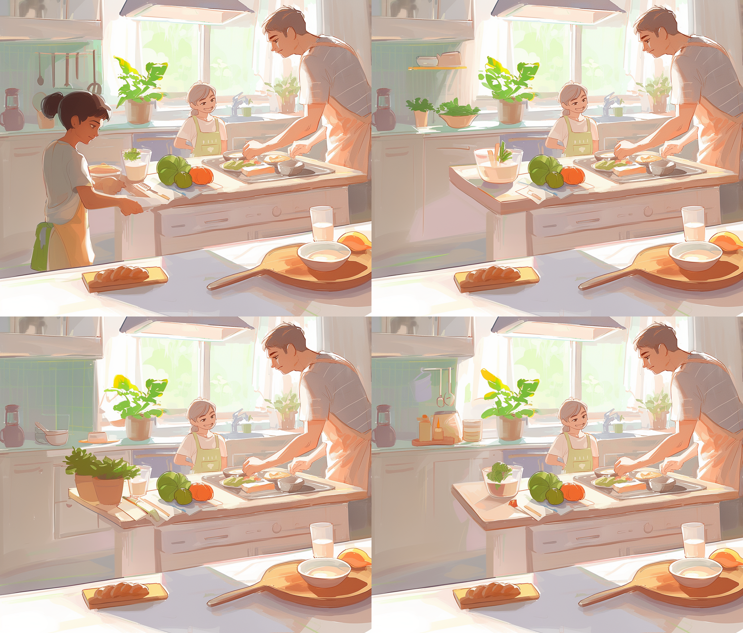 爸爸端早餐，小女孩等待，远景，广角镜头，温暖色调，柔光，家庭场景，背影，温馨。