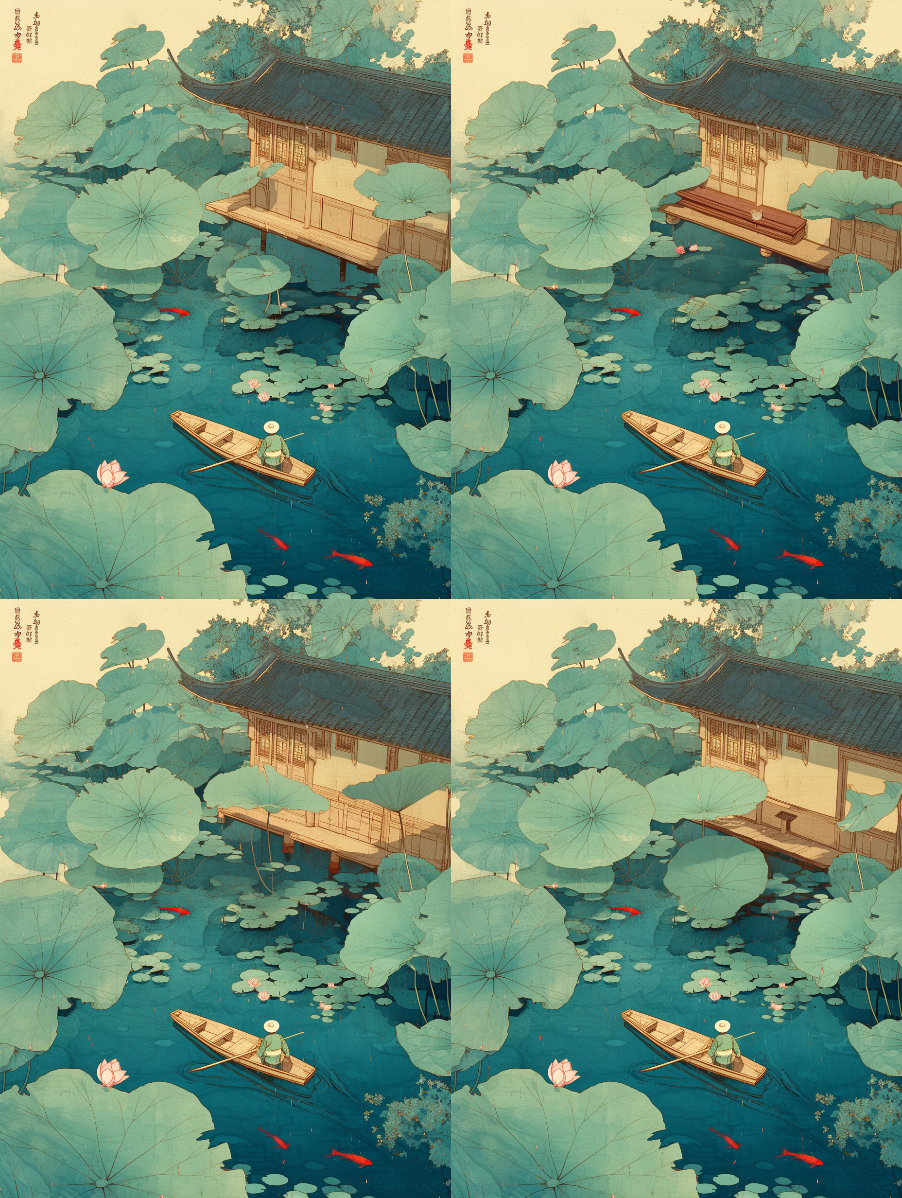 荷塘小舟俯景，细雨霏沱，荷塘两岸大片荷叶，繁花盛开,人们划着小木船在荷塘中游弋,水里的小红鱼游来游去，整体结构比例协调，国画画风,优美插画,采用奇幻艺术风格，孔雀蓝，雾蓝笔触，航拍透视，超写实。笔触采用水墨画风格，分辨率高，体积光，光线追踪，辛烷值渲染，
