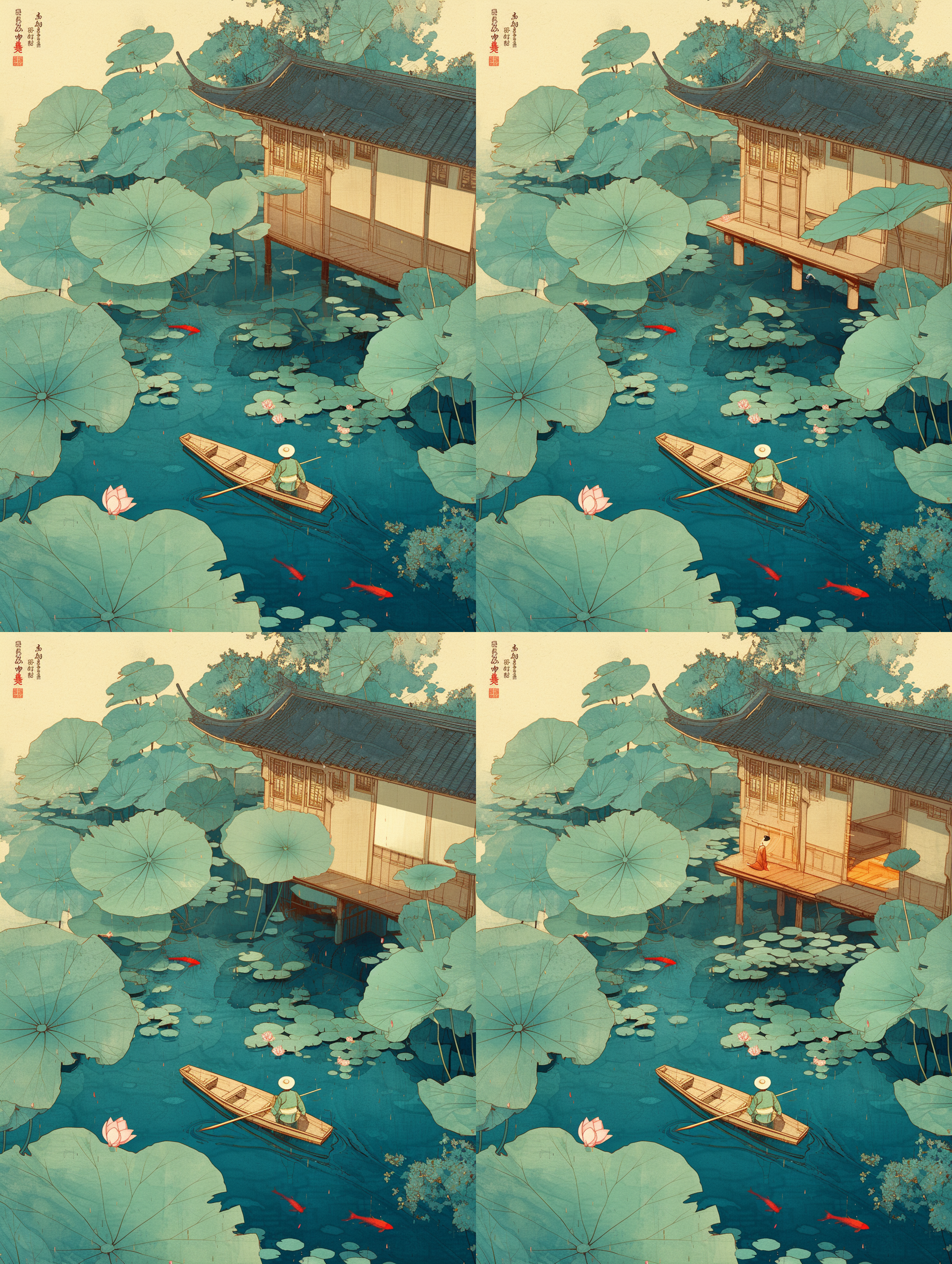 荷塘小舟俯景，细雨霏沱，荷塘两岸大片荷叶，繁花盛开,人们划着小木船在荷塘中游弋,水里的小红鱼游来游去，整体结构比例协调，国画画风,优美插画,采用奇幻艺术风格，孔雀蓝，雾蓝笔触，航拍透视，超写实。笔触采用水墨画风格，分辨率高，体积光，光线追踪，辛烷值渲染，