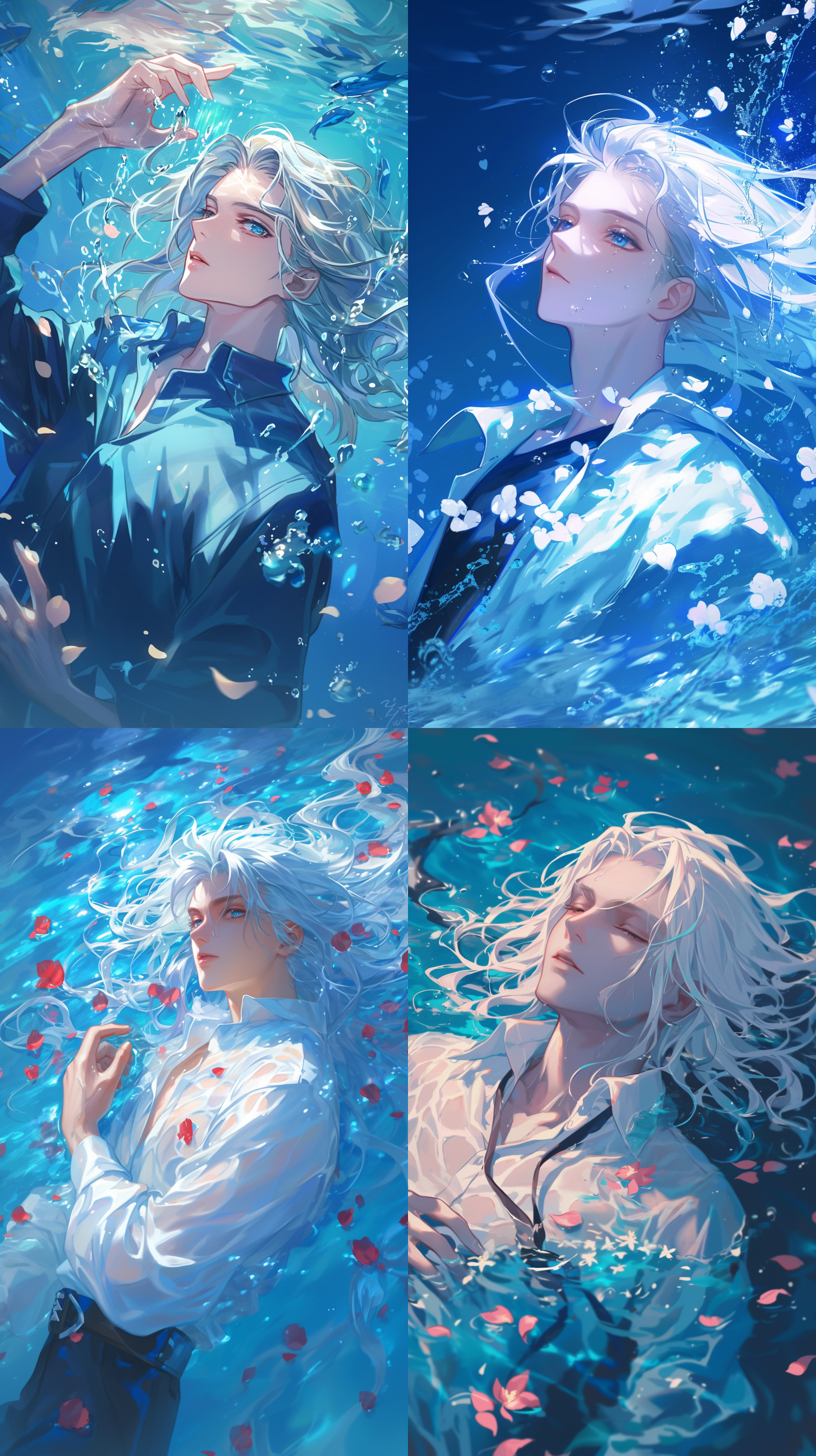 18岁少年，银发长发，水中，花瓣，蓝色眼睛，浮在水面，光线明亮，休闲服，帅气，闭眼，温馨，唯美