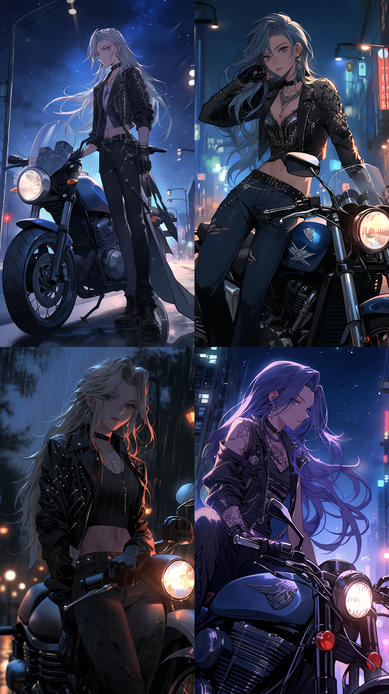 不良少年，摩托车，朋克，皮裤，皮靴，马甲，耳环，项链，酷酷的，长发，公路，半夜三更，路灯，星空