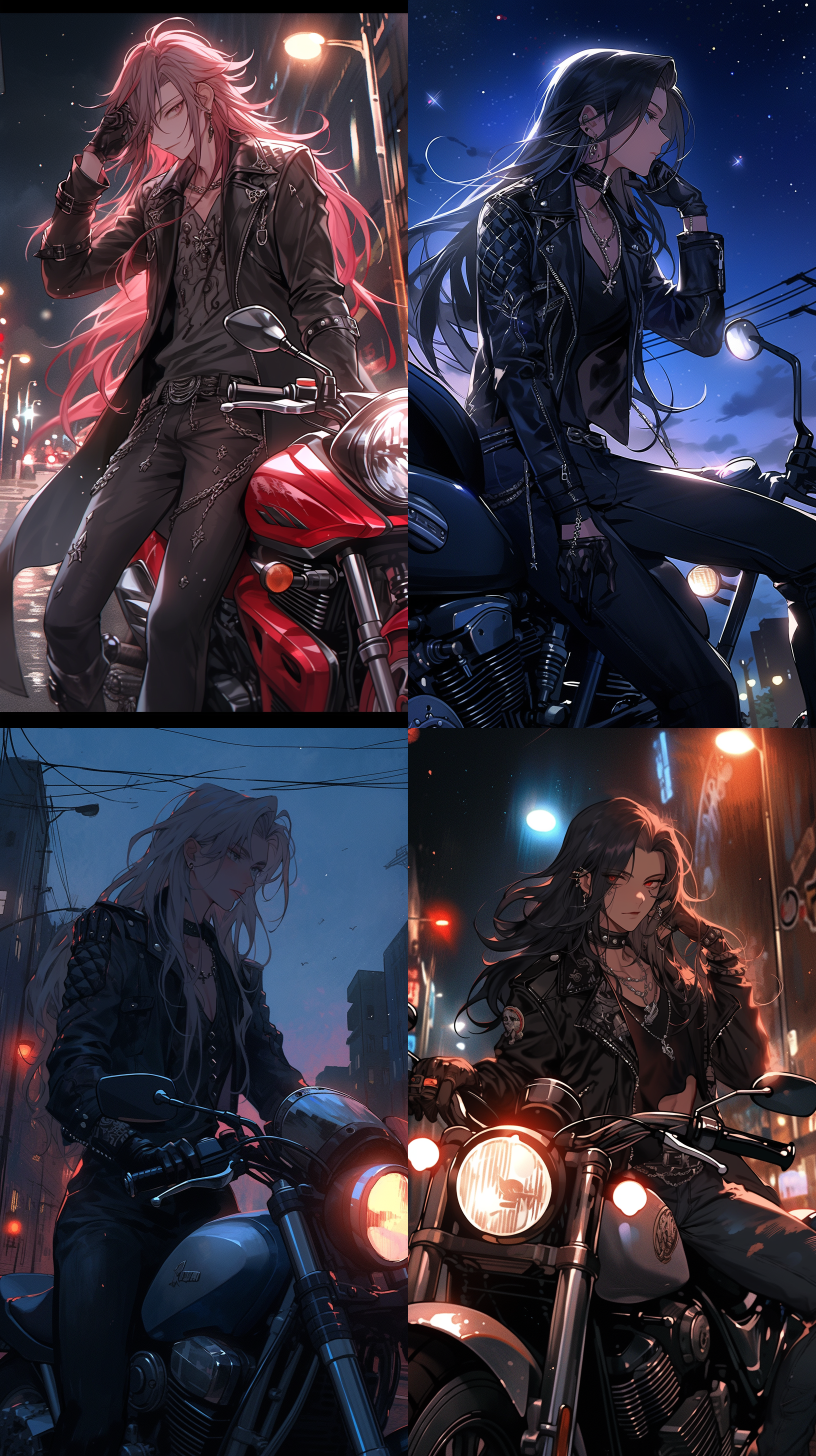 不良少年，摩托车，朋克，皮裤，皮靴，马甲，耳环，项链，酷酷的，长发，公路，半夜三更，路灯，星空