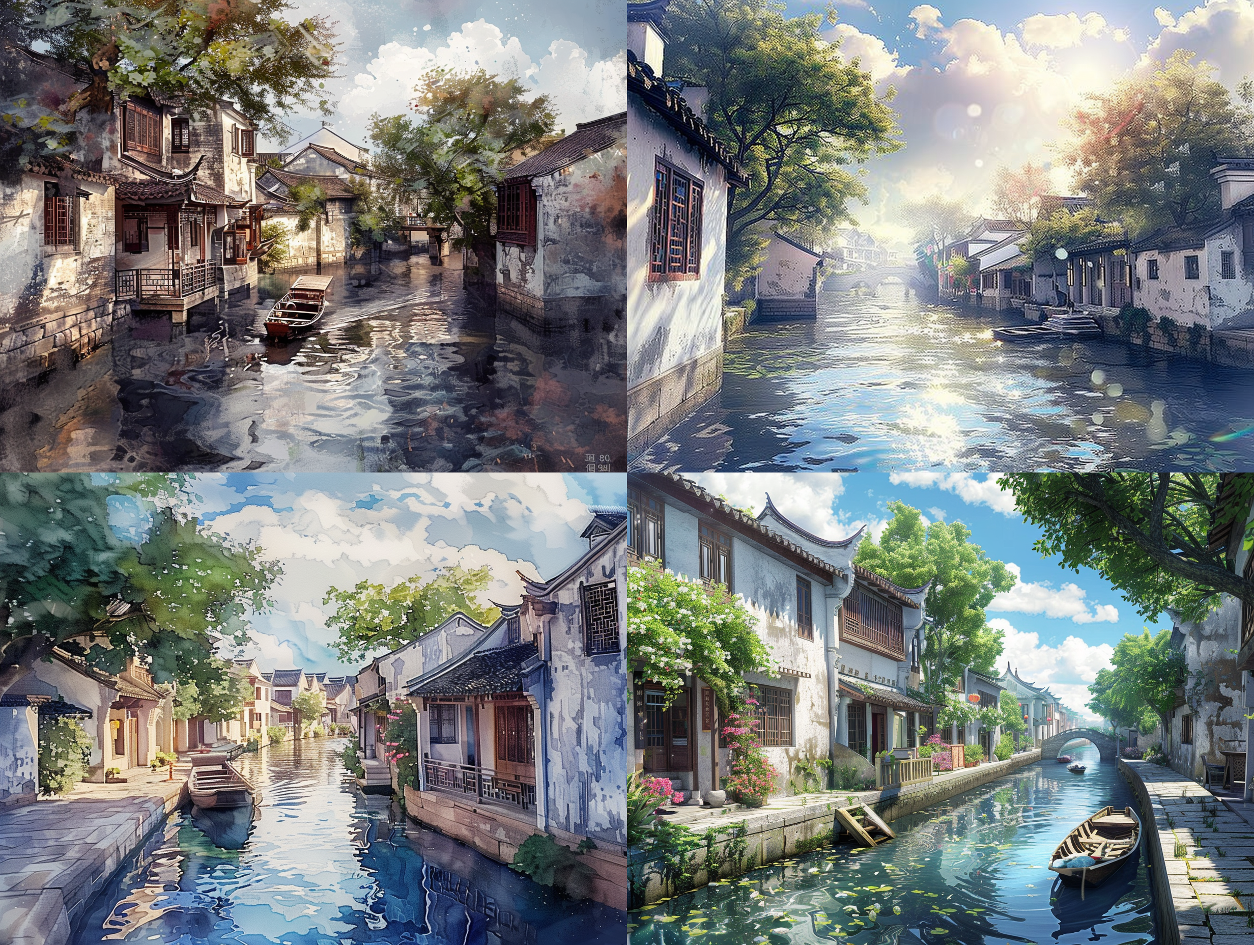 watercolor painting, suzhou water lanes, blue sky and white clouds, small river, small boat, small bridge, trees, ancient dwellings, mottled white walls, gujian, photorealistic streetscape, dark water way, strong sunlight, highlight effect, tranquility, atmospheric perspective, strong sun light, soft and dreamy atmosphere, digital art as photography, brown sence, sharp focus on houses, water swirling, intricate details, wide-angle lens, subtle color layers, slow shutter shooting, high-end color matching, 8k, panoramic view