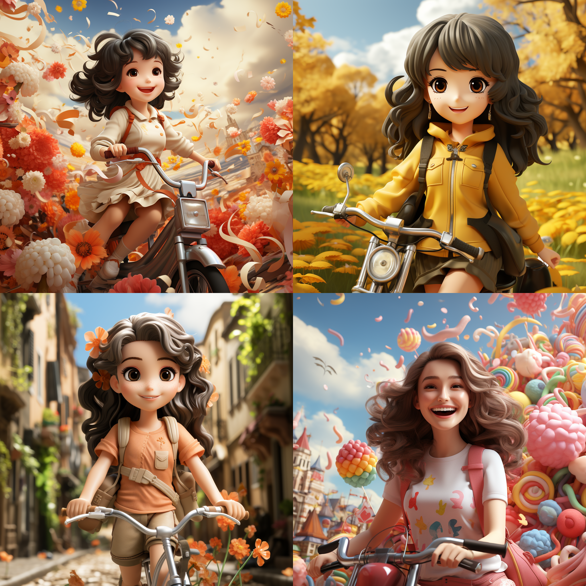 a girl riding a bicycle , full body, happy, black hair, in a beautiful environment, in the style of light yellow and white, rendered in cinema4d, made of rubber, qiu shengxian, colorful cartoon, embossed paper, suburban ennui capturer,pop mart, octane rendering, ultra details, the best quality, hd, c4dultra details, the best quality, hd, c4d