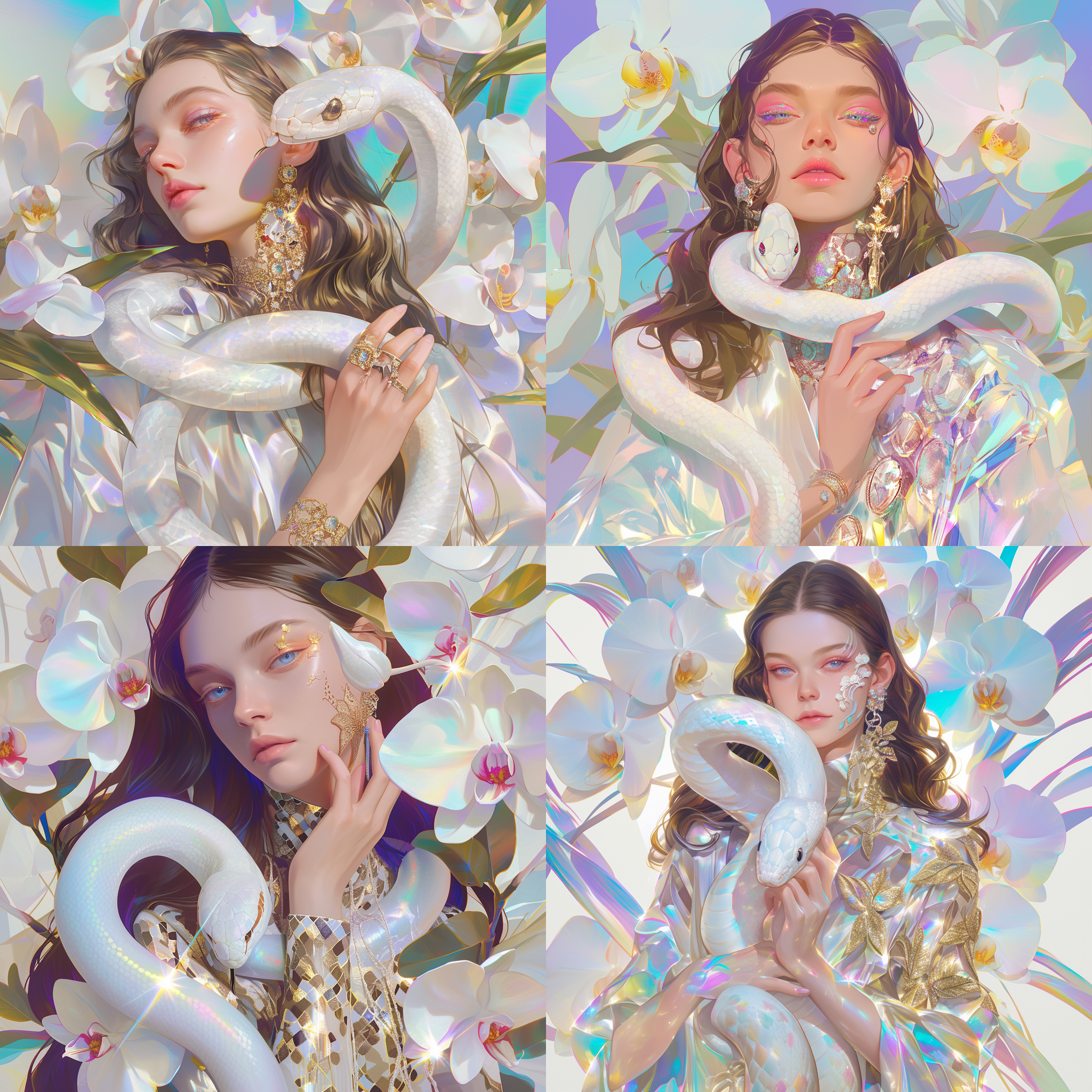 长发美丽女子抱白蛇，白兰花遮体，带着珠宝首饰，极几何渐变，水汪汪的大眼，大面留白，新工笔，拼贴，中式散点透视，波普，法式浪漫，malika favre，sephora海报风格，3:4宽高比，raw风格，250强度