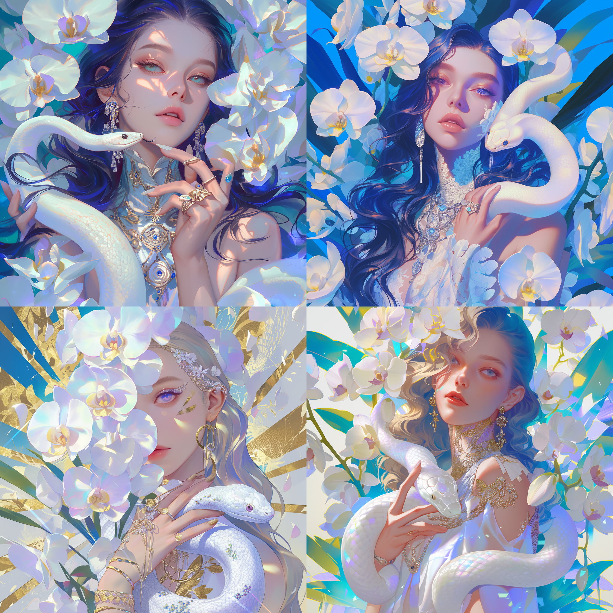 长发美丽女子抱白蛇，白兰花遮体，带着珠宝首饰，极几何渐变，水汪汪的大眼，大面留白，新工笔，拼贴，中式散点透视，波普，法式浪漫，malika favre，sephora海报风格，3:4宽高比，raw风格，250强度