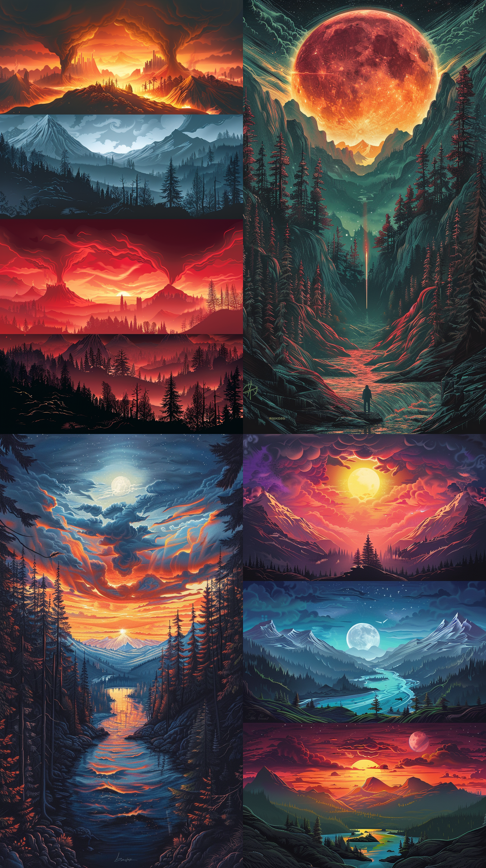 灵感来源于nicholas roerich，受到george catlin、joris van der haagen和noah bradley启发，dan mumford和alex grey风格，北欧风景，dribbble.com，地雷，horizon forbidden west，round-cropped，禁忌的地平线，triptych，沉浸式色彩，史诗般的情感。