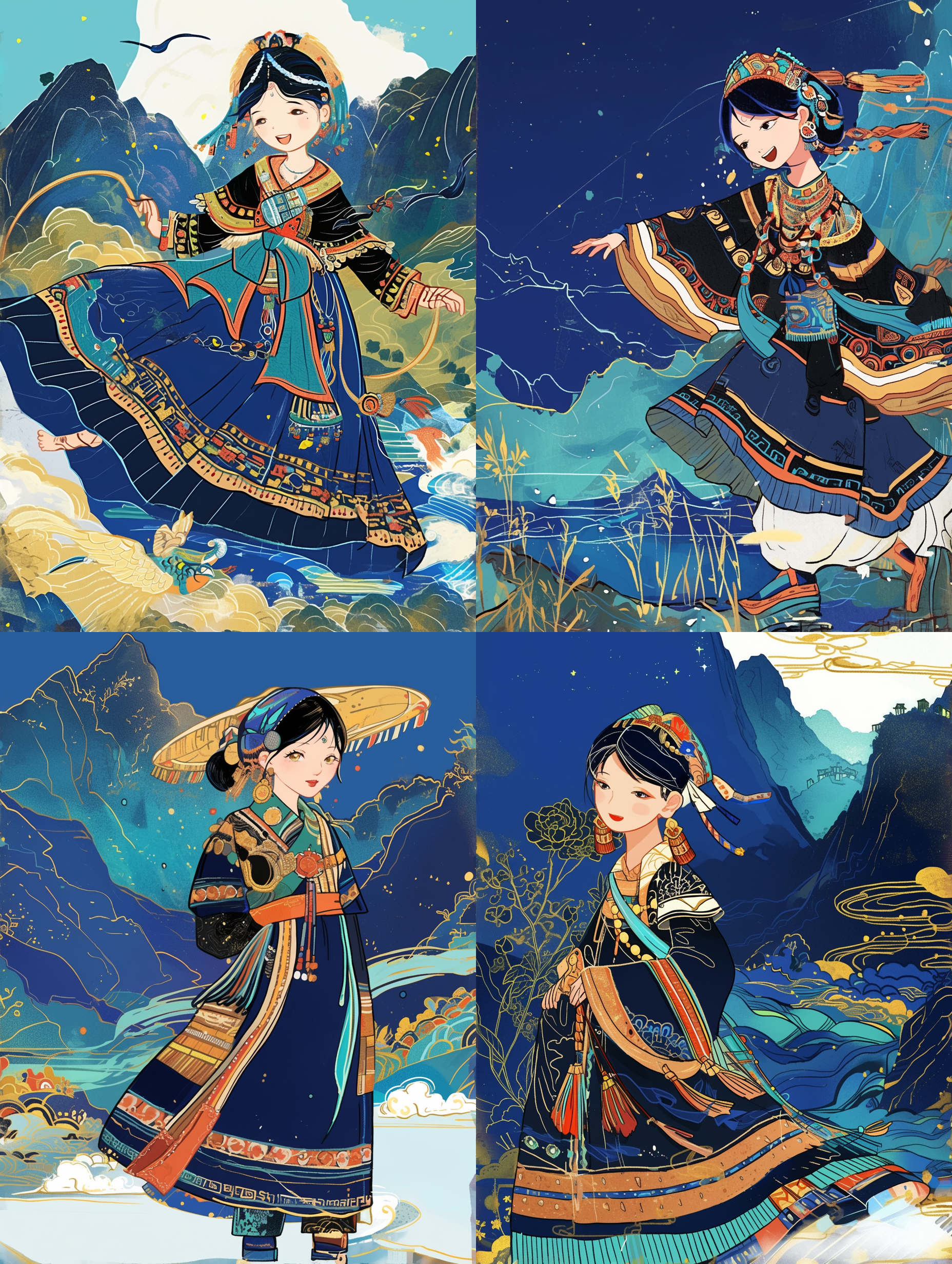 凉山地貌，大凉山风情，彝族元素，装饰风格，插画风格，平面设计，高清8k，细节丰富精致 山脉延伸，多彩面具，传统服饰，抽象背景，色彩斑斓，室外拍摄，特写镜头，明亮光线，静态姿势，喜悦情绪。