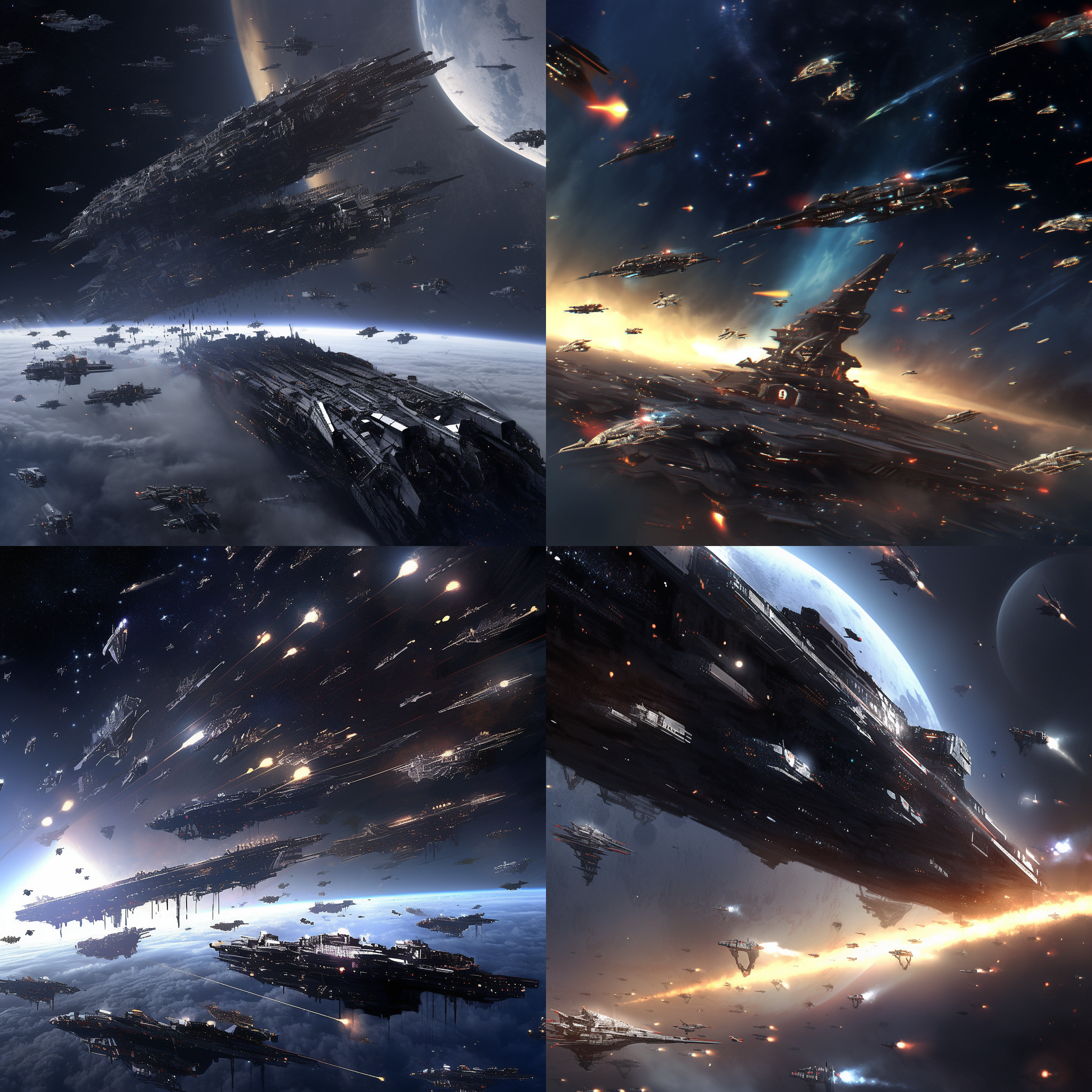 宇宙 太阳系内 未来 几千艘恒星级的太空战舰悬浮在太空中，严阵以待即将出现的敌人 超大场面 拉远镜头 军队
