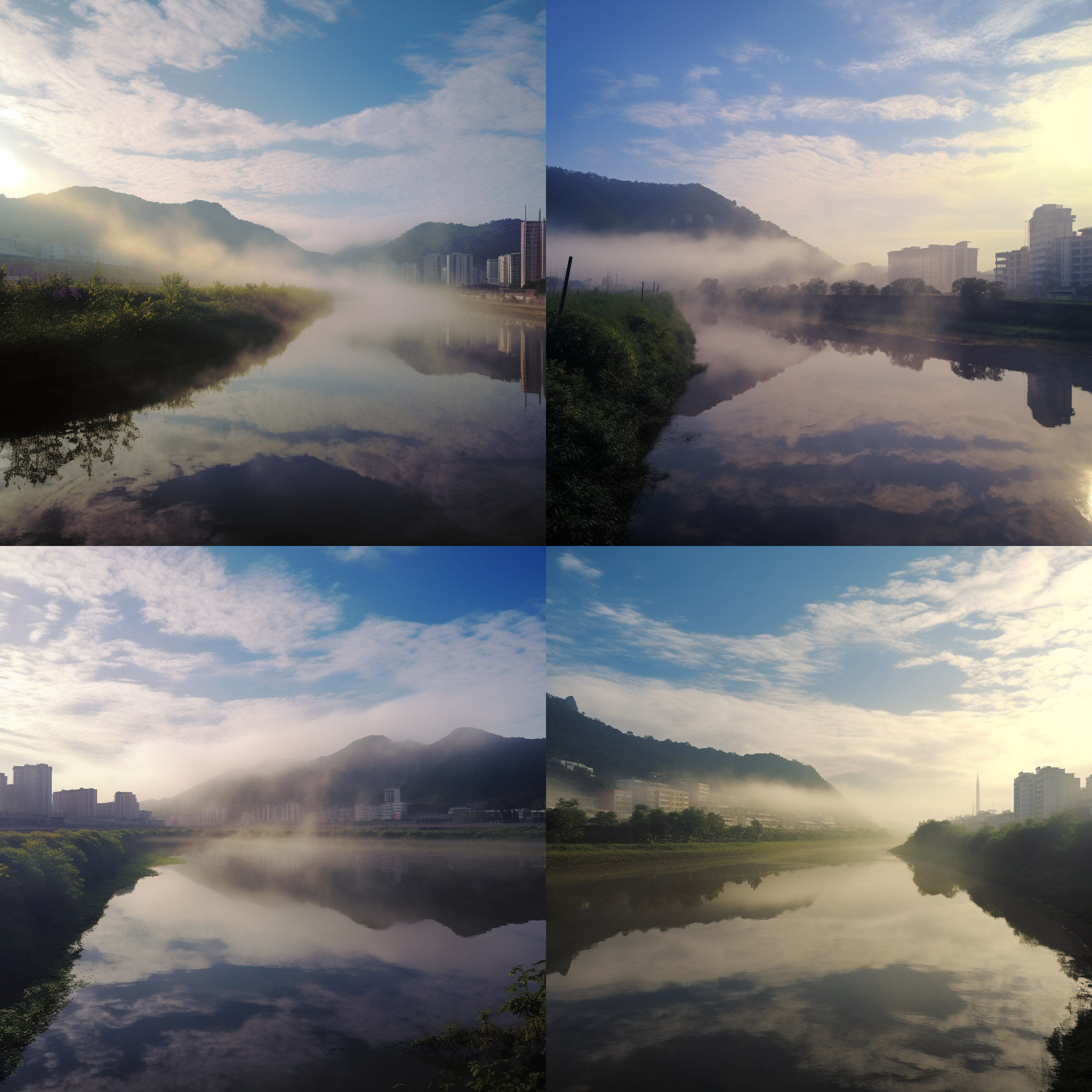 雨后，霞光，山谷中，双曝光，柔和色调，长焦镜头，逆光，行走，宁静。