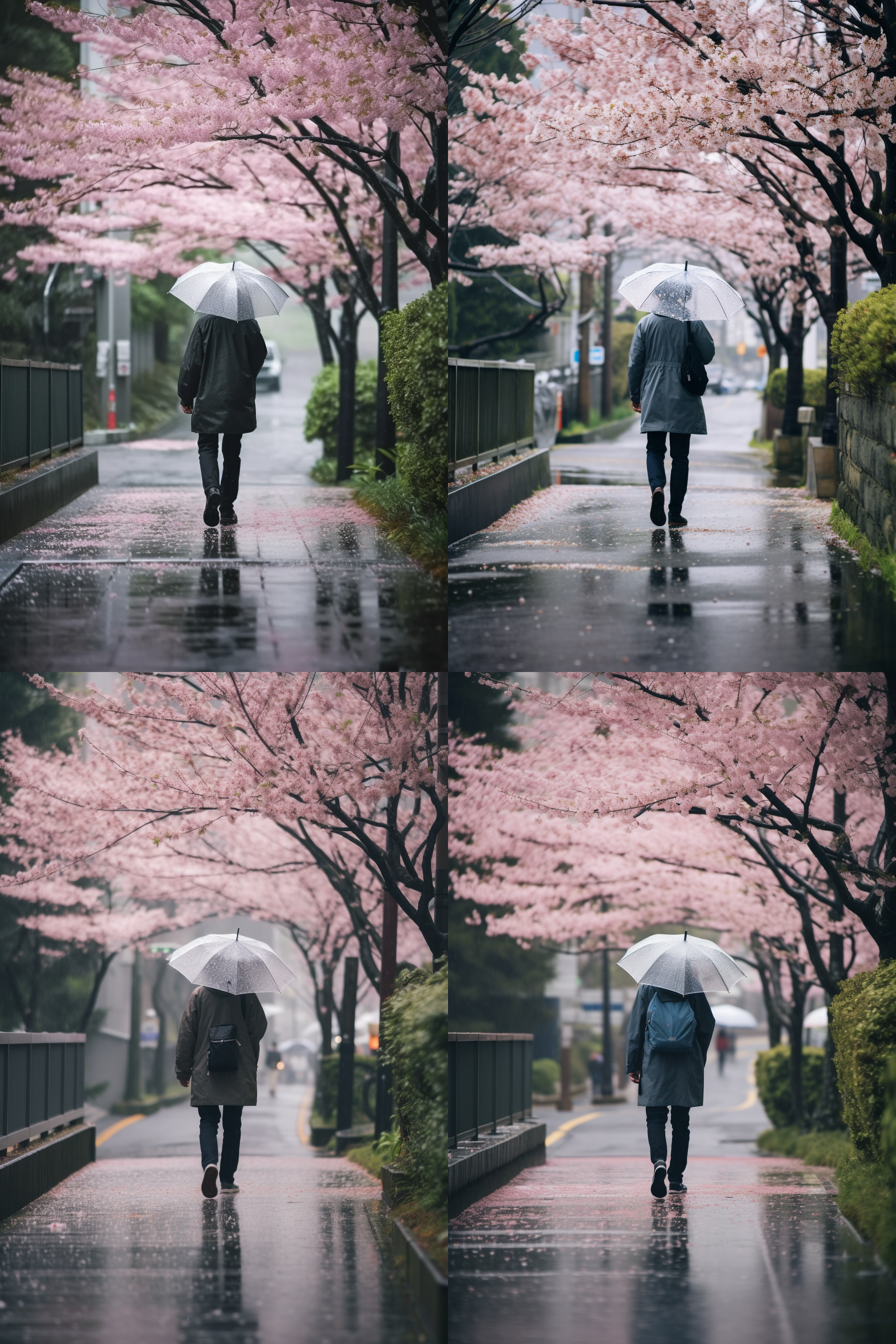 水泥大道上，两旁开满樱花的下雨天。一位穿风衣的男性背对着镜头，撑着一把透明的雨伞，迎着细雨前行。构图以人物为主，背景渲染出模糊的效果。富士胶片风格，长焦镜头，自然光，静态，优雅。 摄影纪实 全身 电影灯光 普拉达