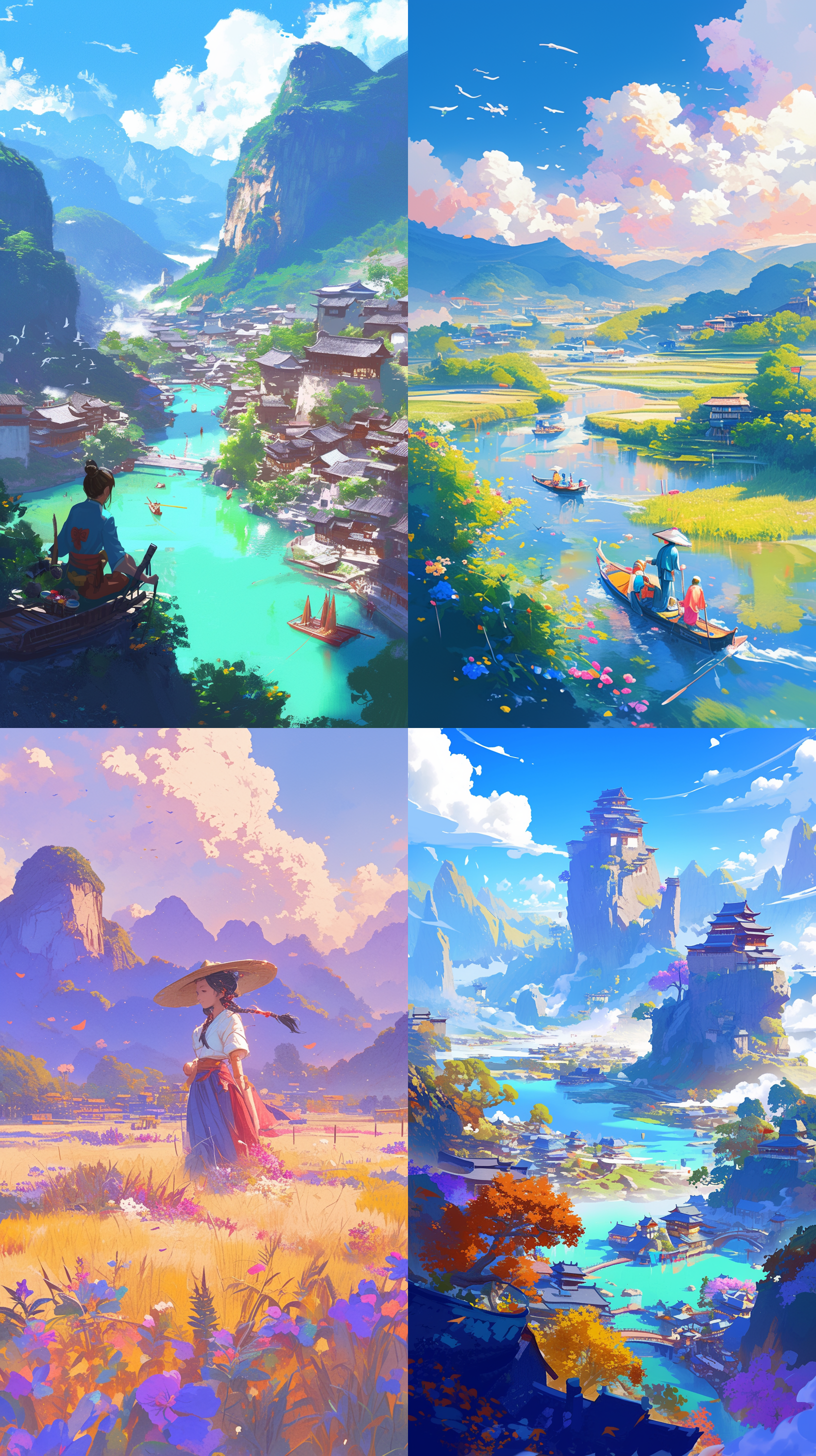 凉山风景，彝族服饰，明亮光线，丰富色彩，异域风情，风景插画，民族风情，五彩缤纷，绚丽色彩，生动活泼。