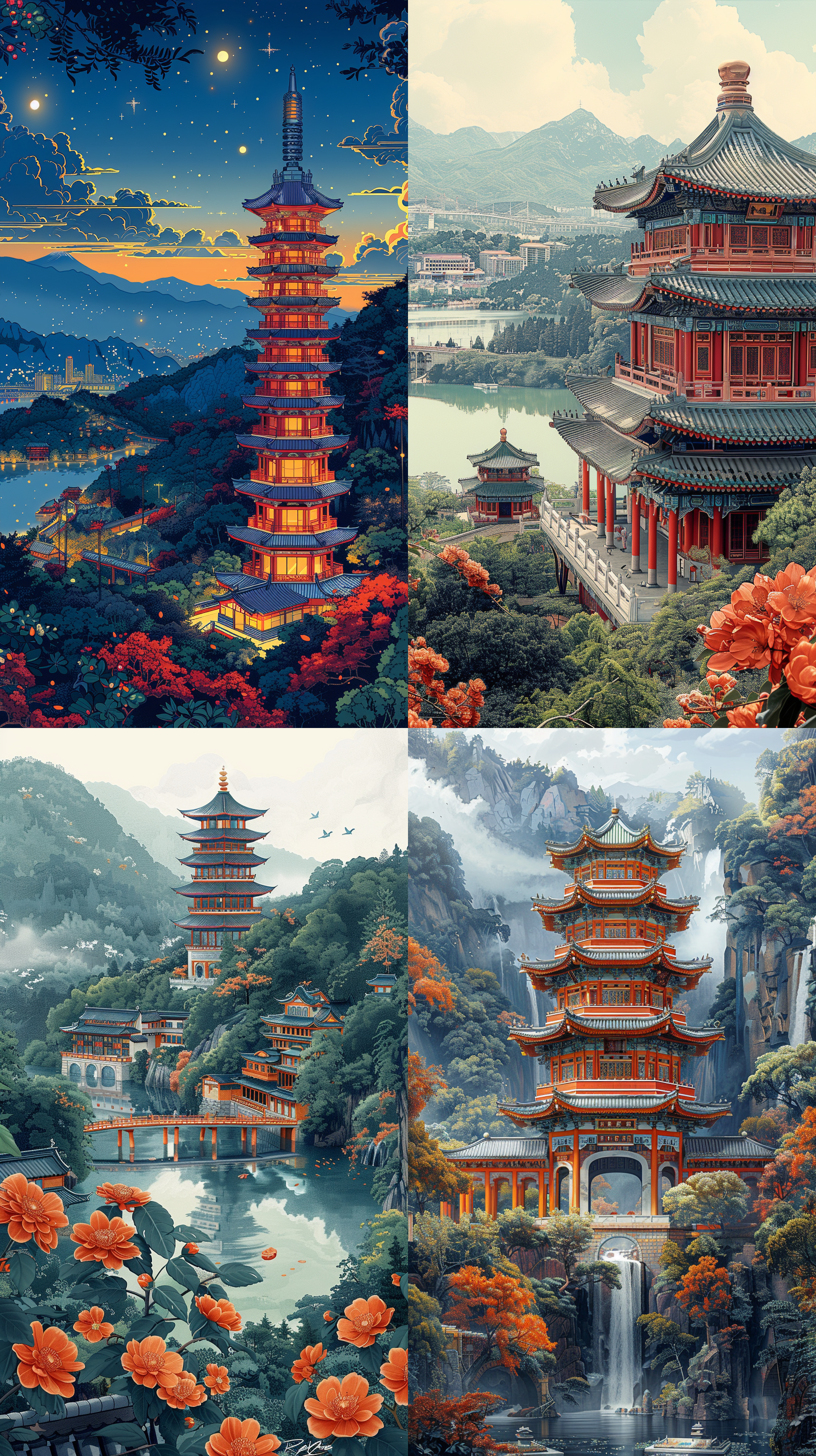 the illustration presents the iconic architecture of jinan, with a full composition, bright colors, and rich details. the main focus is the superlative tower, with the daming lake in the forefront and the lush qianfo mountain as the background. the hand-drawn style features smooth lines, conveying vitality and youthfulness. the illustration adopts a bird's-eye view, creating a strong sense of perspective and highlighting the architectural features. the elements of gourmet food are cleverly integrated into the illustration.