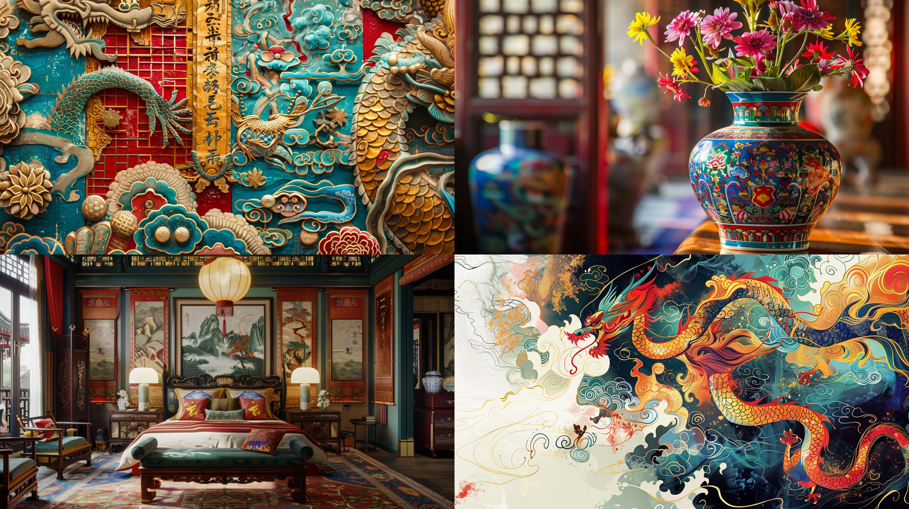 中国元素填充色，抽象风格，多彩，传统图案，艳丽色彩，华丽装饰，细节丰富，饱满效果。