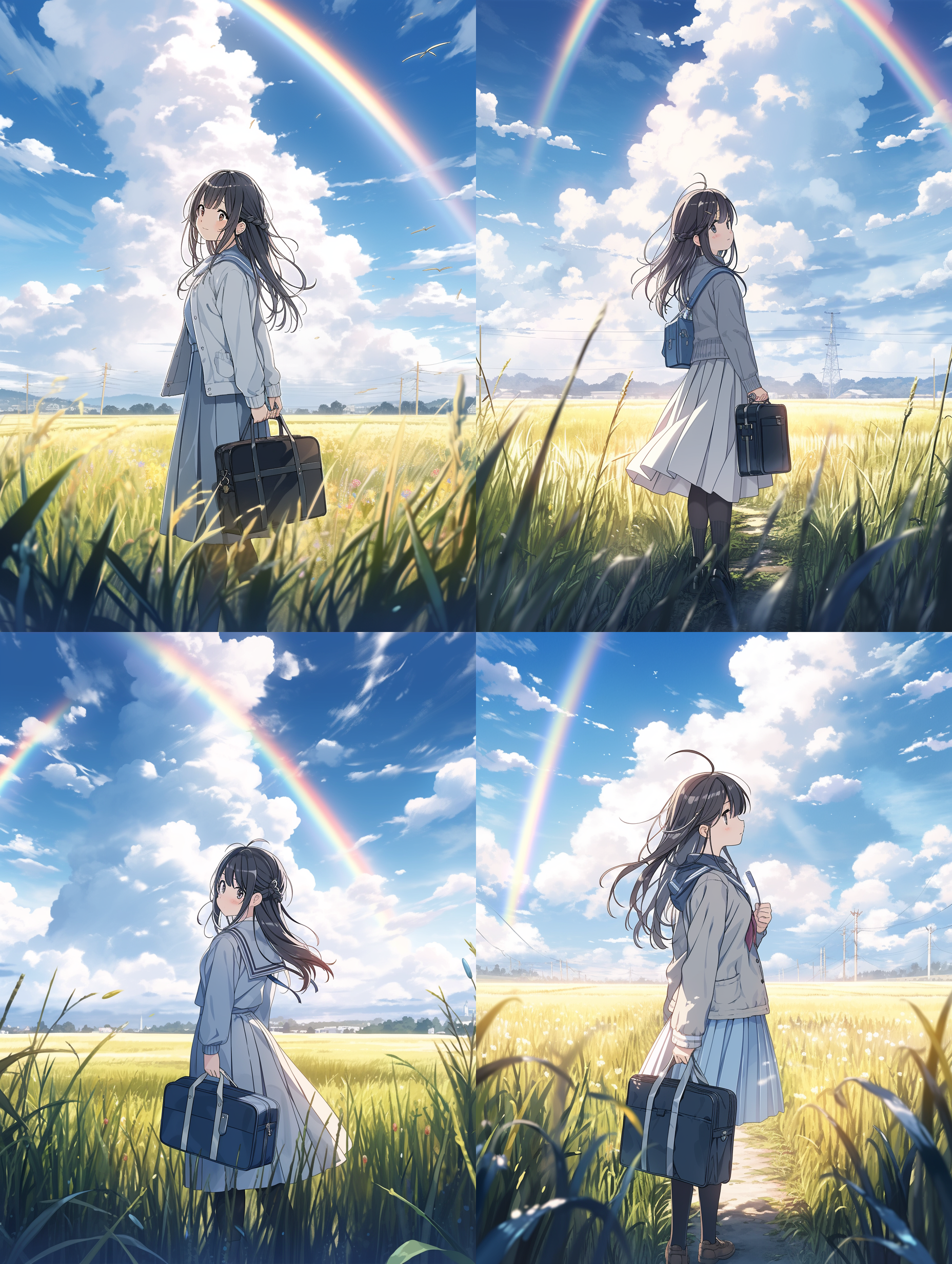 雨过天晴，山谷中，彩虹拱桥，朝阳映照，明亮色彩，超广角镜头，雨后光斑，人们欢笑，放风筝，欣喜。