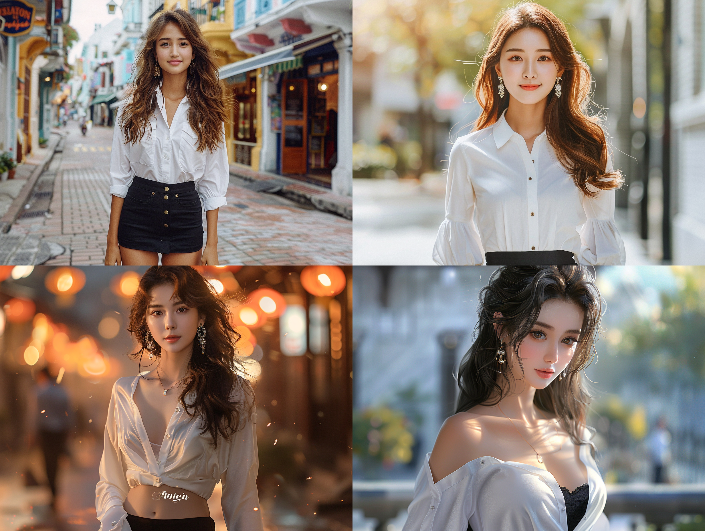 东方女性，高挑身材，白色衬衫，近焦，双眼皮，柳叶眉，大眼睛，瓜子脸，微胖，漂亮耳坠，樱桃小嘴，长发微卷，黑色短裙，黑丝袜，高跟鞋，皮肤白皙，时尚风格，城市街道，柔和光线，自信微笑。