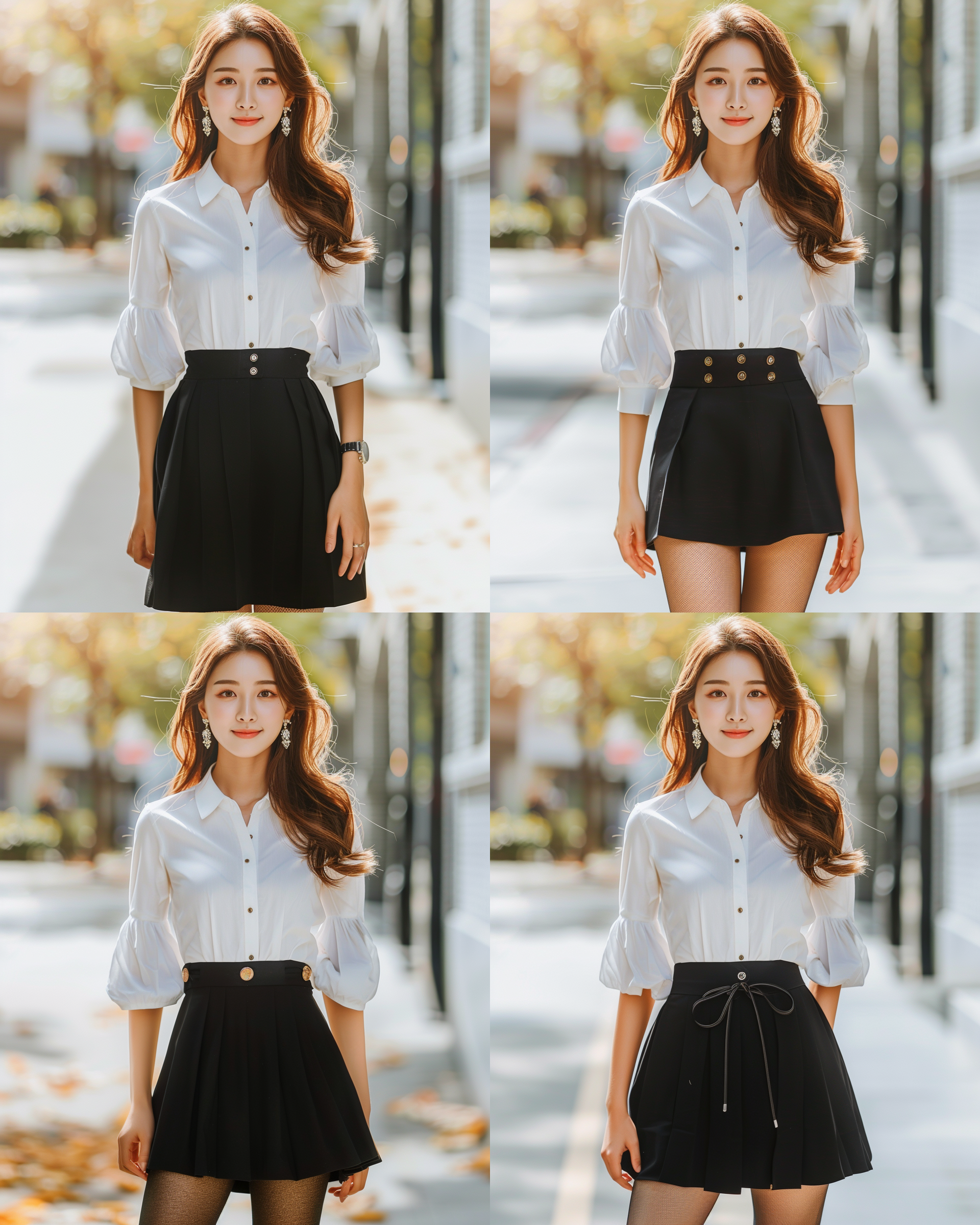 东方女性，高挑身材，白色衬衫，近焦，双眼皮，柳叶眉，大眼睛，瓜子脸，微胖，漂亮耳坠，樱桃小嘴，长发微卷，黑色短裙，黑丝袜，高跟鞋，皮肤白皙，时尚风格，城市街道，柔和光线，自信微笑。