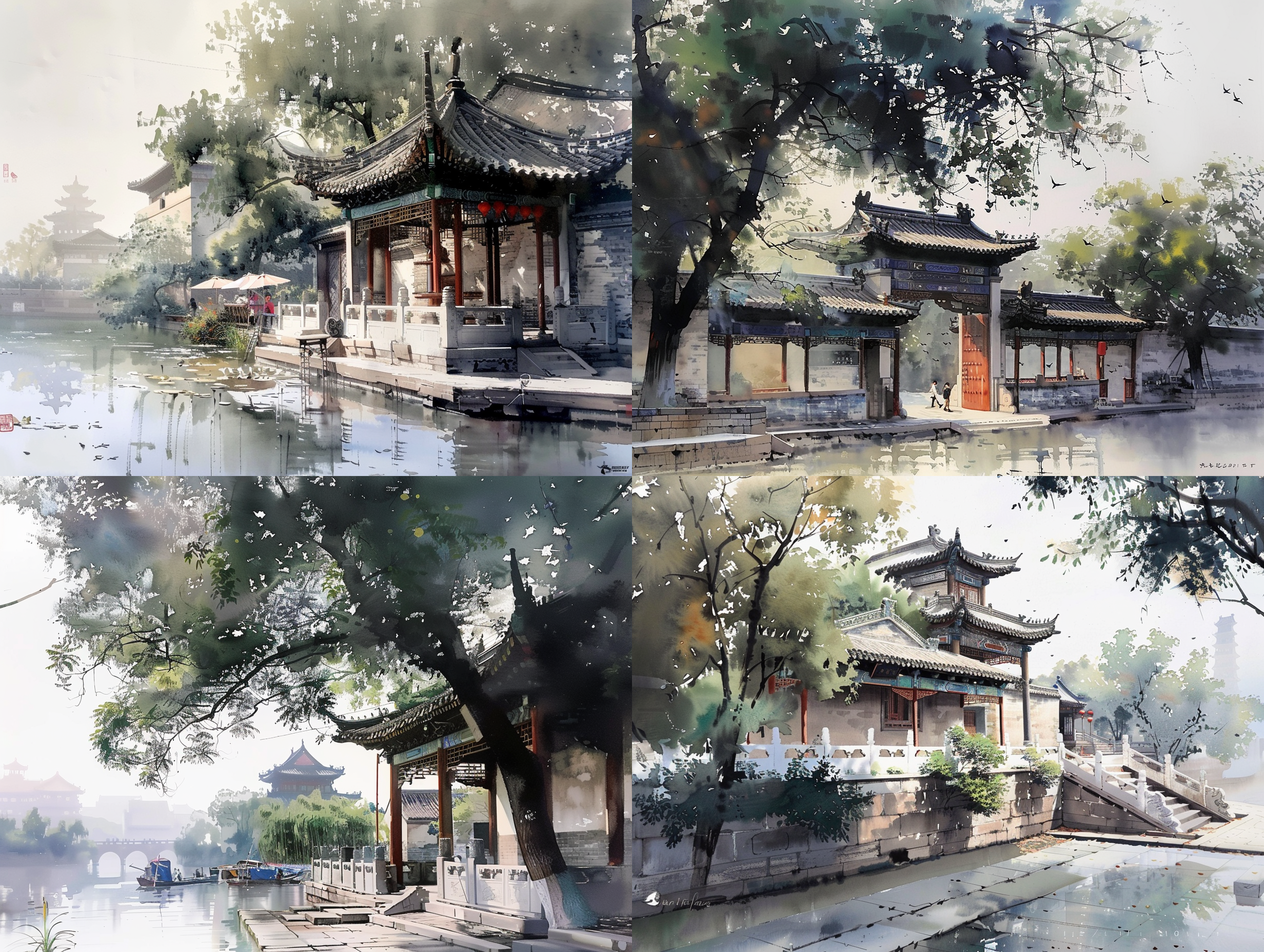 一幅水彩画中，北京皇家园林的精致景观尽收眼底。古典建筑与优雅气质交织,清新色调下自然光线柔和,营造出梦幻般的氛围。复杂细节,超广角镜头,软阴影,微妙色调层次,慢门拍摄,高端色彩搭配。 古代中式 水彩 长焦拍摄 莫兰迪色 阳光照射 莫奈 调色板 园林