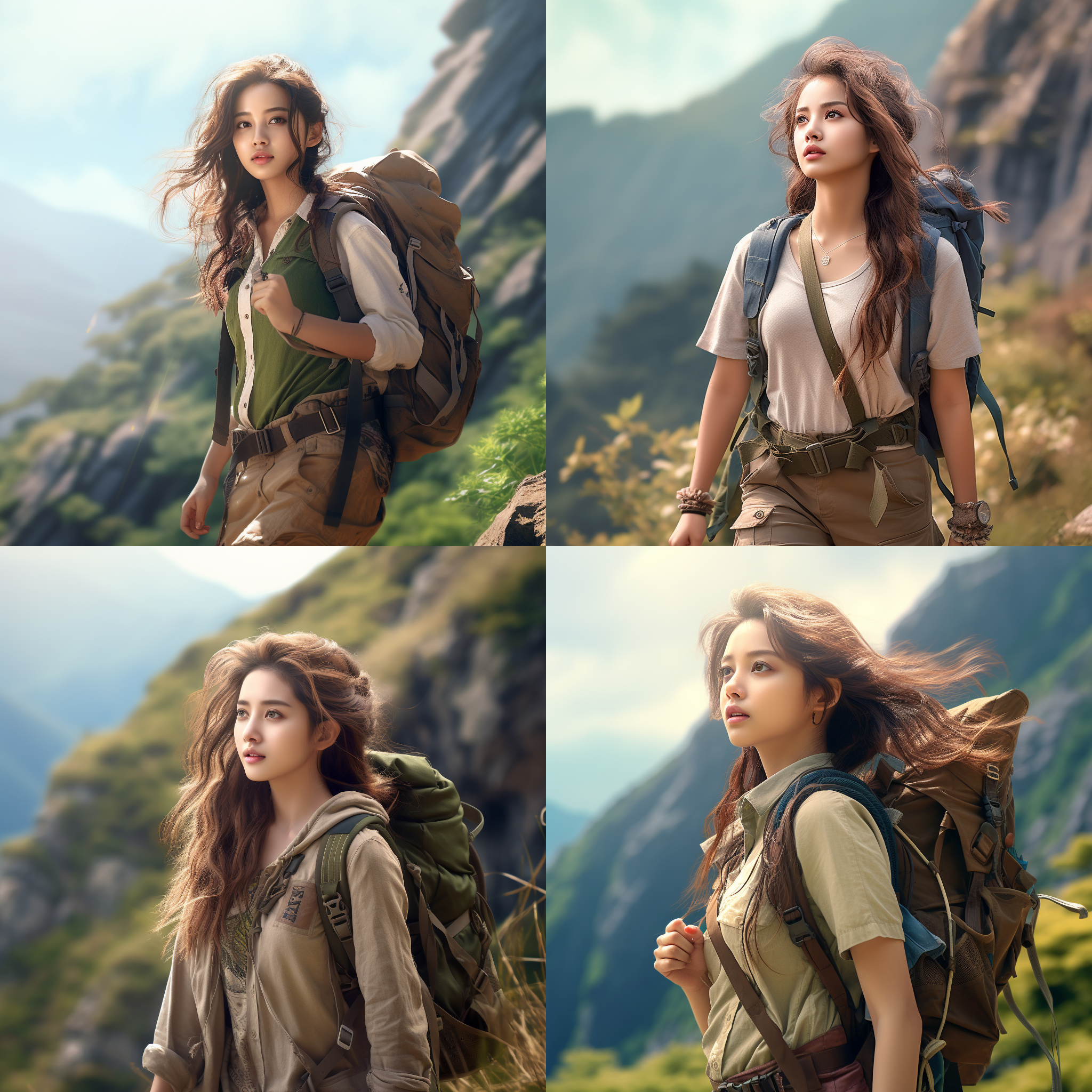 漫画女孩徒步旅行，山间小径，jiyun chae，真人实景，高清4k手机壁纸，探险装备，可爱，完美面部比例，令人惊叹的照片，柔和美学，年轻可爱，独特美丽，旅行者，非常漂亮，雄狮v5质量。