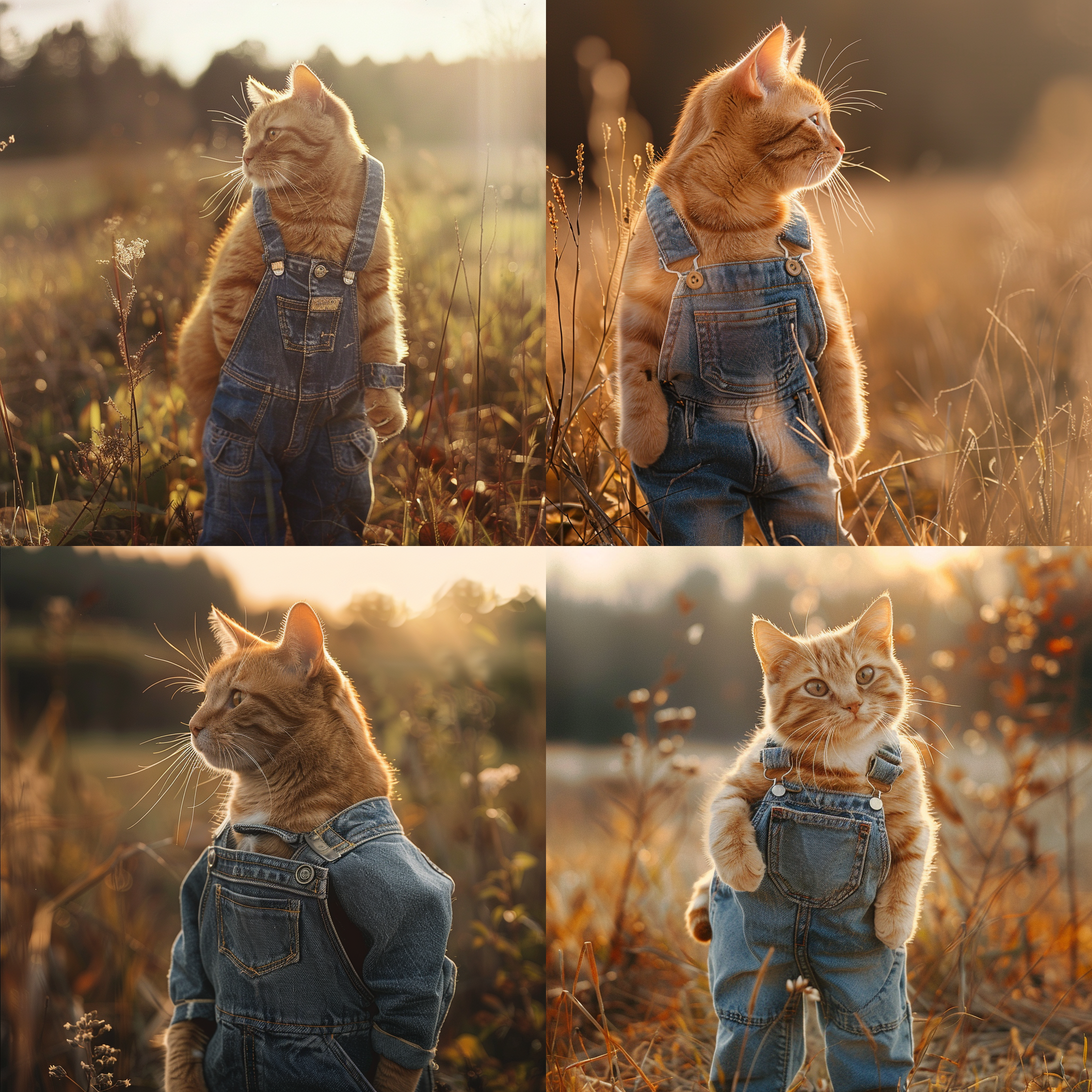 橘猫穿牛仔背带裤，站在阳光明媚的田野上，自然风光，中景构图，柔和光线，温暖色调，放松，自信。 田野，橘猫，牛仔背带裤，自然光，中景构图，温暖色调，放松，自信。