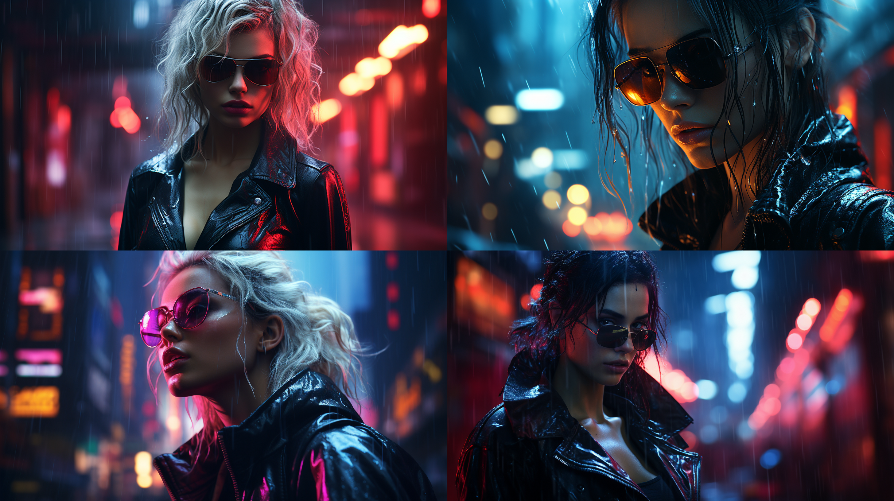 赛博朋克边缘行者，霓虹灯照明，夜景，雨中，未来都市背景，黑色皮夜服，神秘面容，冷光眼镜，电子设备，宽角镜头，低角度视角，动态模糊，寒冷色调。