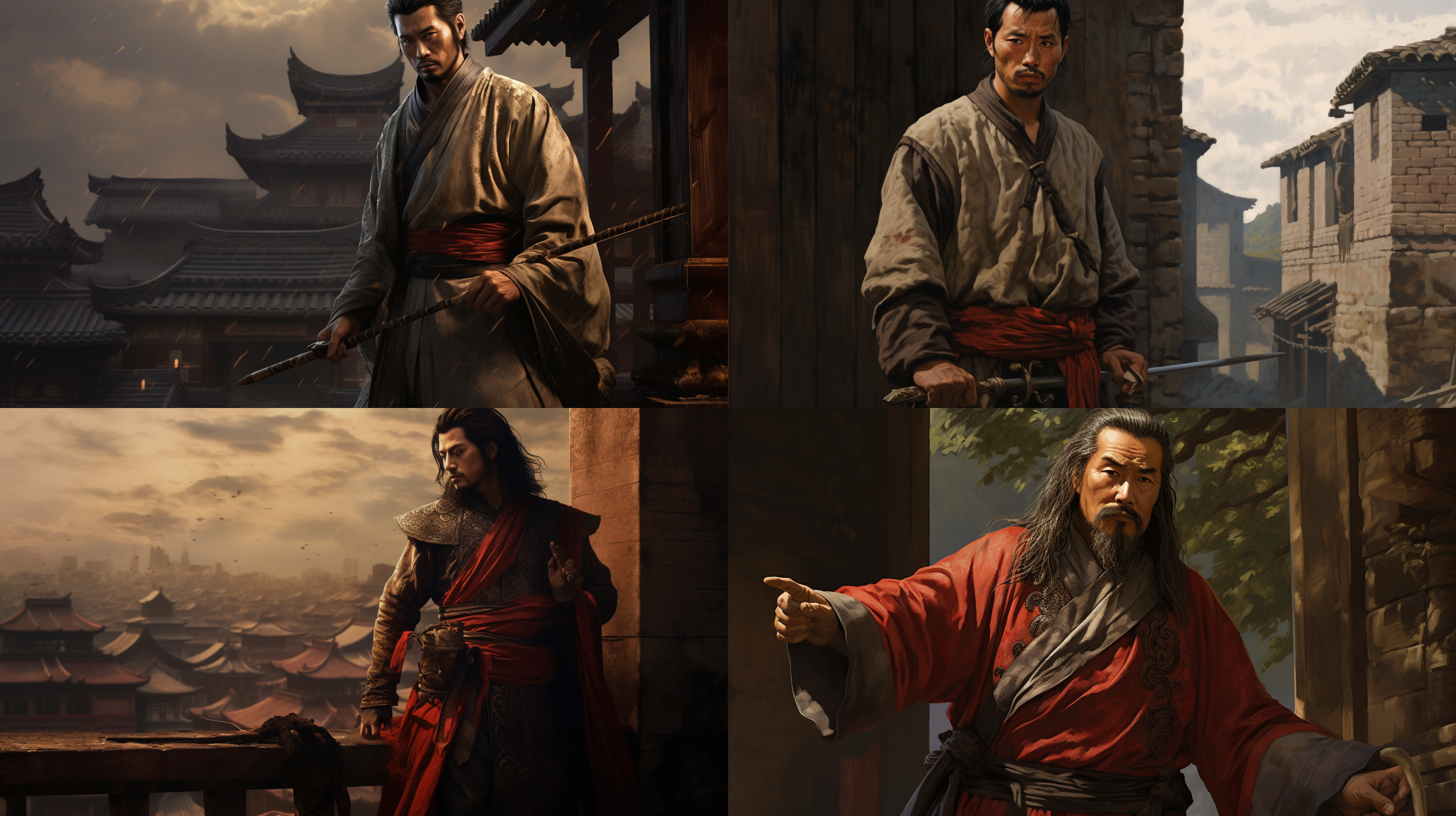 中国古代男人，手里拿着一把剑，站在一个城墙上，神秘感，