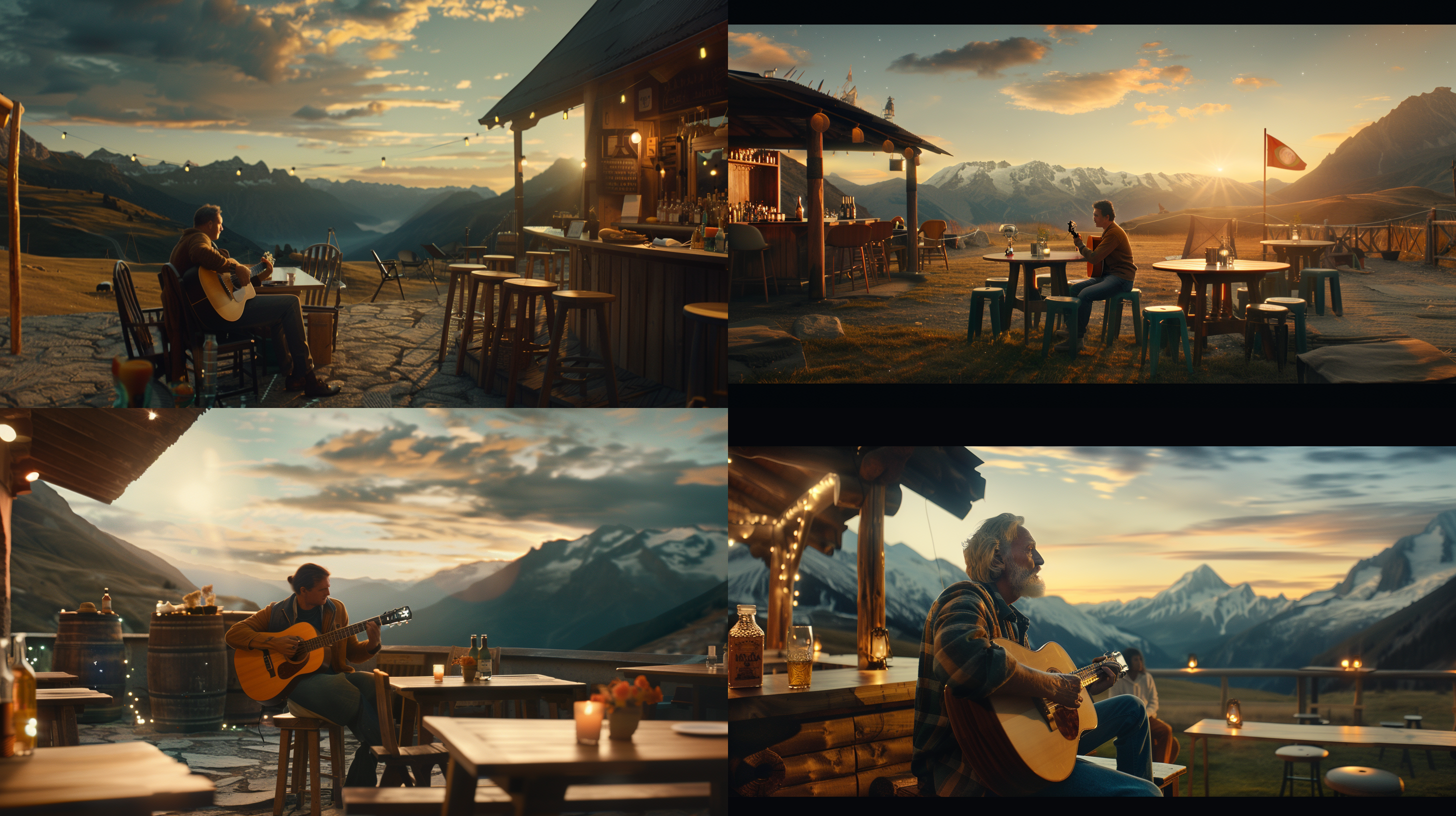 中年男人在山中露天酒吧弹吉他，星空下互相吞噬的视线。广角镜头下，人物矮小，环境宏大。色彩凝重，电影摄影风格，强烈的对比度和阴影增强了场景的神秘感。情绪沉浸在音乐和孤独之中，电影风格的氛围让人沉醉。