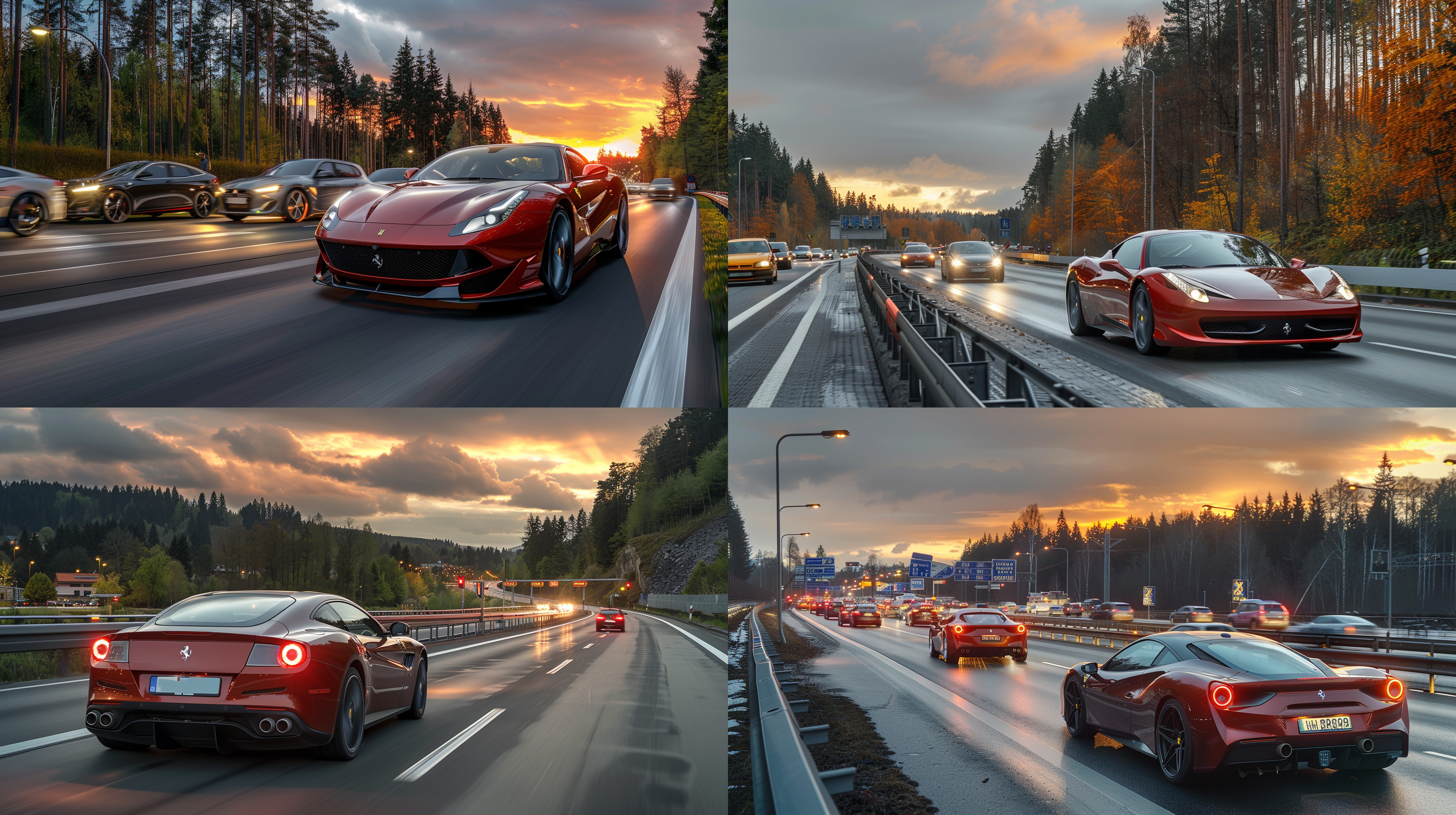法拉利飞驰在高速公路上，广角透视，夕阳余晖，红色跑车，绚丽夺目，动感十足，超真实细节，车流如织，右侧行驶，唯美风景，极速驾驶。