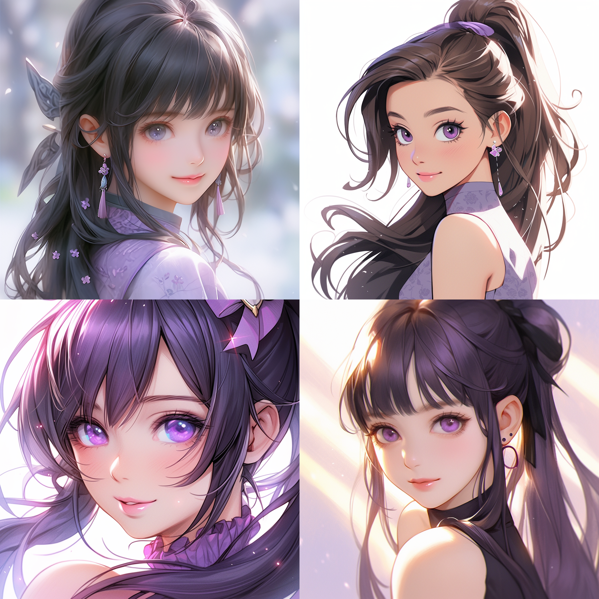 十岁女孩，黑色高马尾长发，浅紫色裙子，微笑带小酒窝，真实肖像，动态gif，可爱阳光人物插画，真实场景，闪光灯捕捉细节，写实描绘，高清16k。