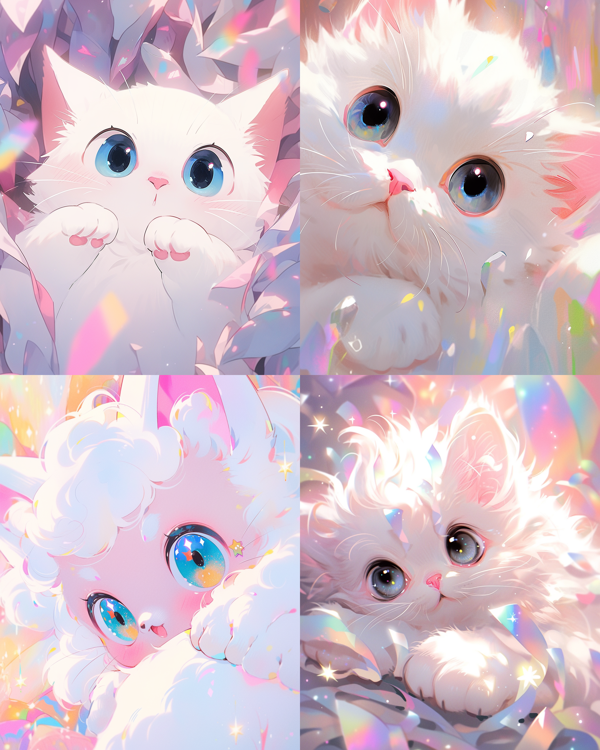 a little bit of a white kawaii cat looking at the camera, in the style of disney animation, sci-fi anime, colorful animation stills, animecore, illusionary paintings, romantic charm, glistening, close-up, high details