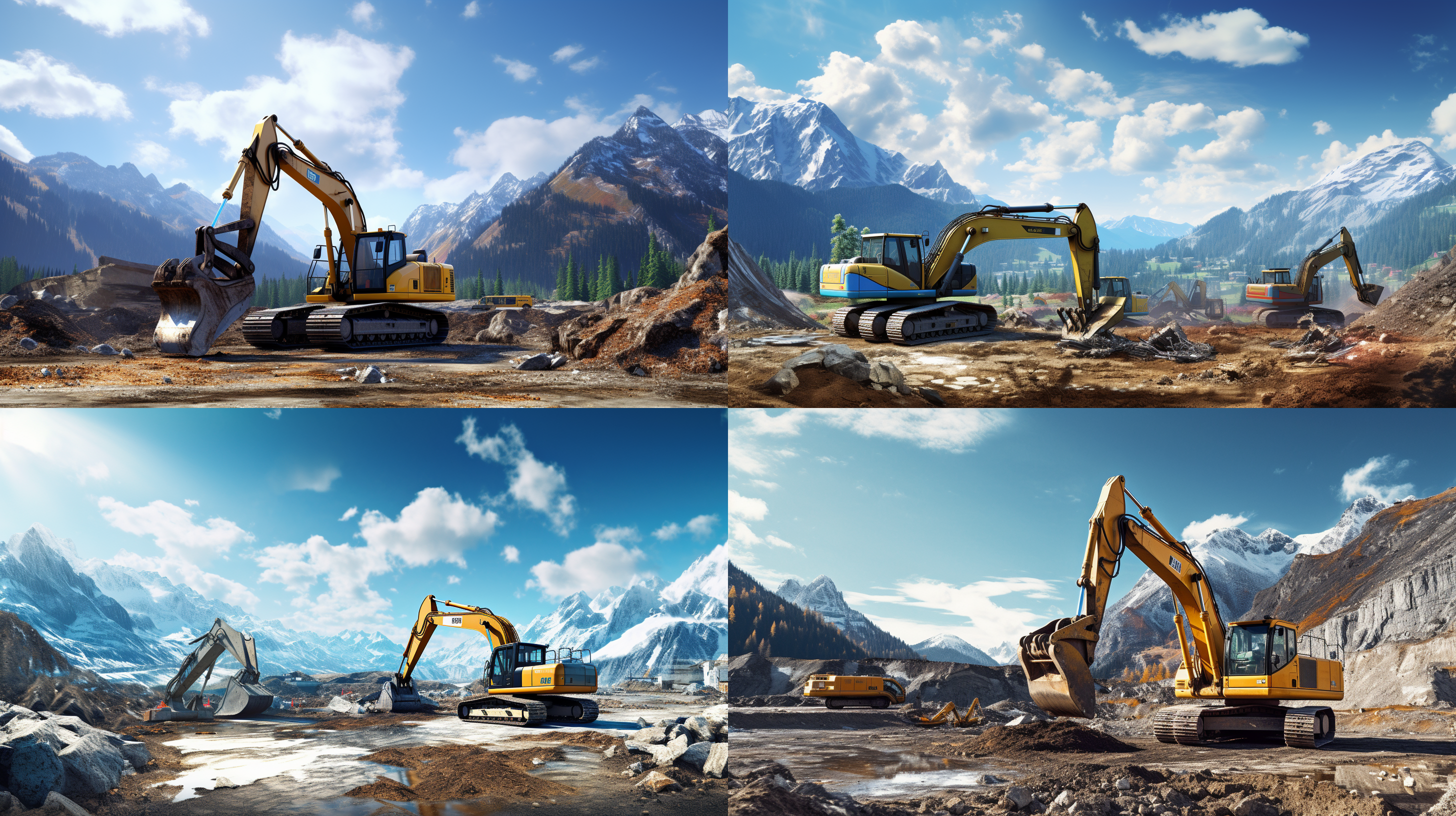 挖掘机在工地作业，背景是大山和蓝天，构图突出挖掘机，白天光线明亮，细节清晰，广角镜头拍摄，真实还原工地场景，色彩饱满，表现力强，强烈对比。